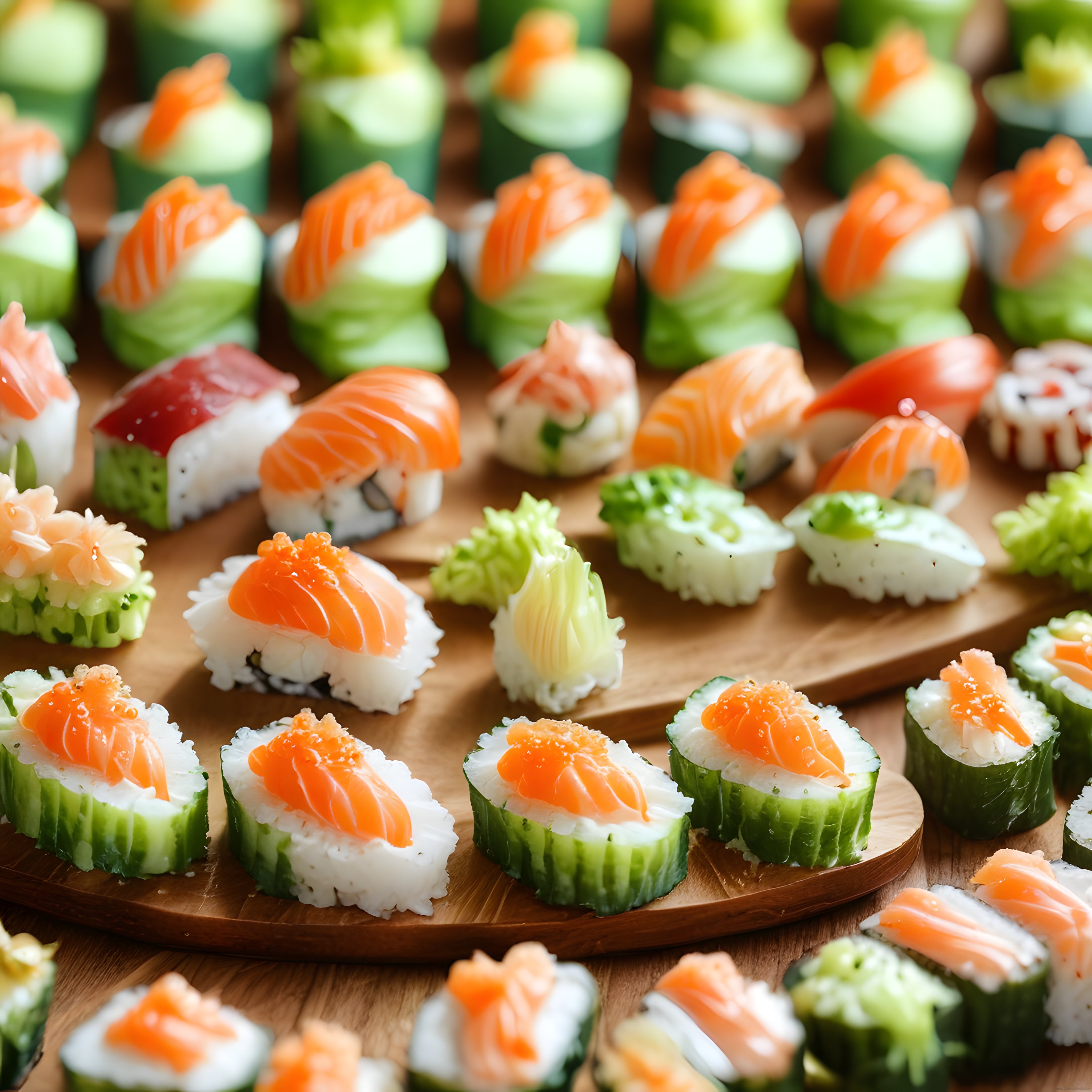 Ahşap Sunum Tahtası Üzerinde Taze Somonlu Sushi ve Nigiri Çeşitleri