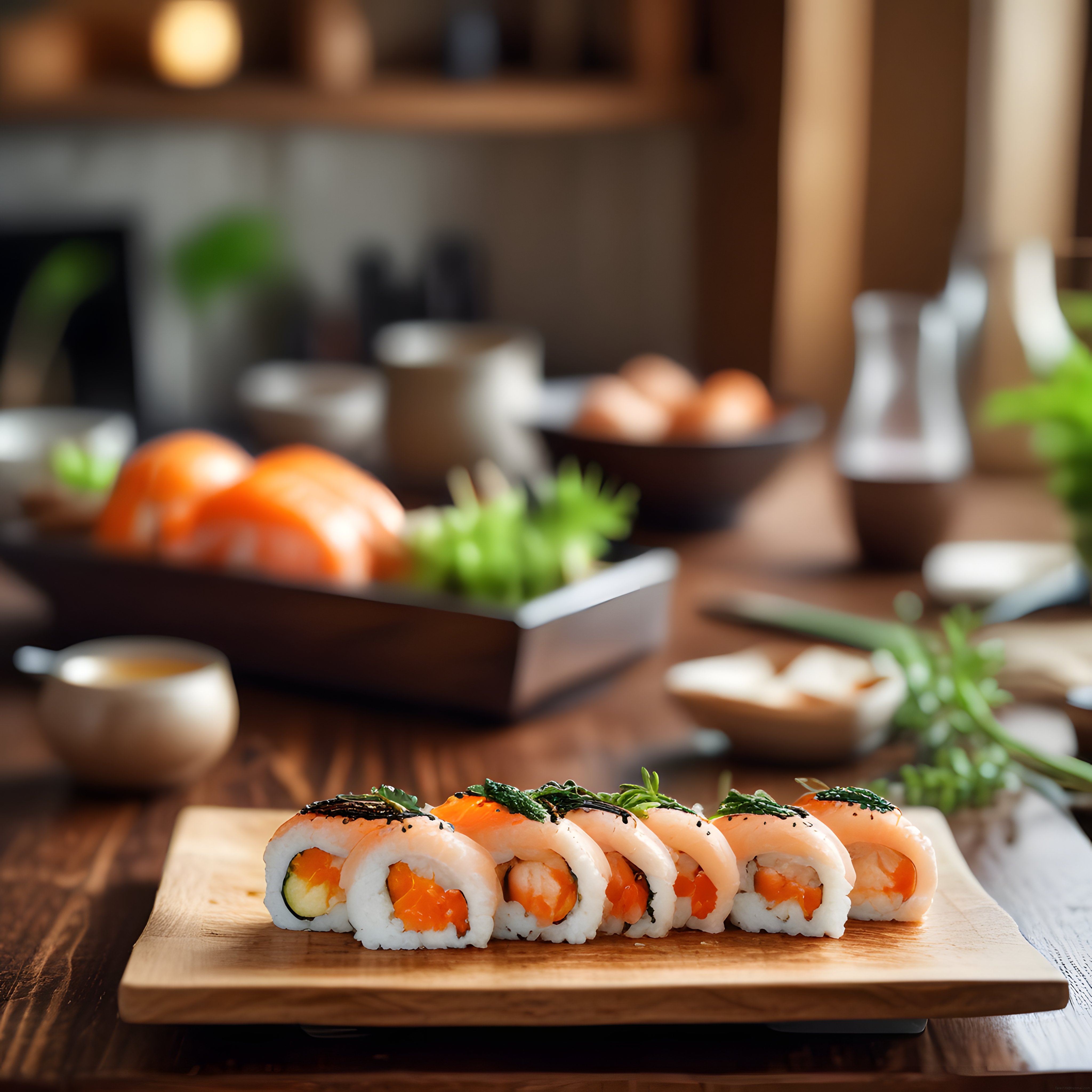 Ahşap Sunum Tahtası Üzerinde Taze Somonlu Sushi ve Rustik Mutfak