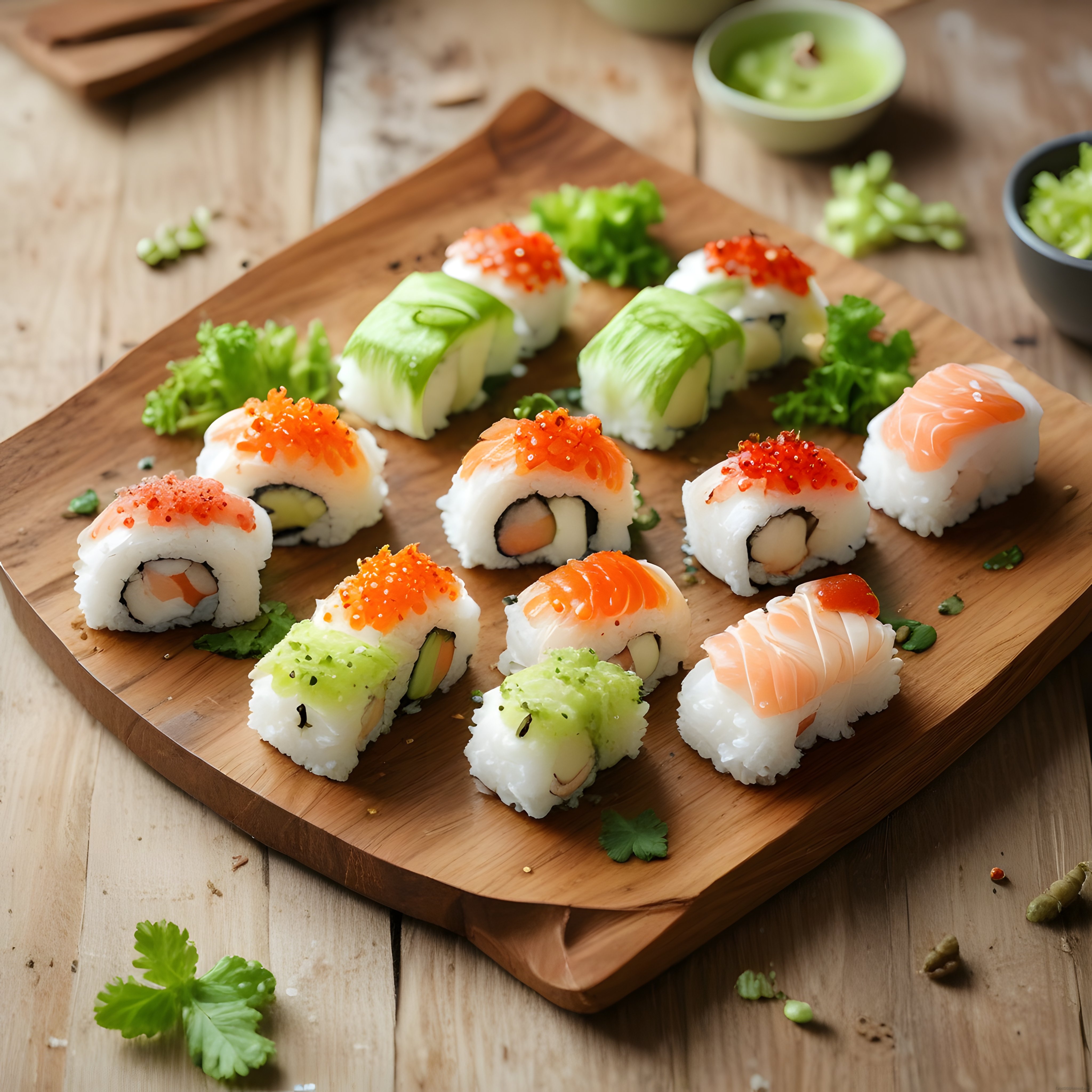 Ahşap Sunum Tahtası Üzerinde Taze Somonlu ve Avokadolu Sushi Çeşitleri