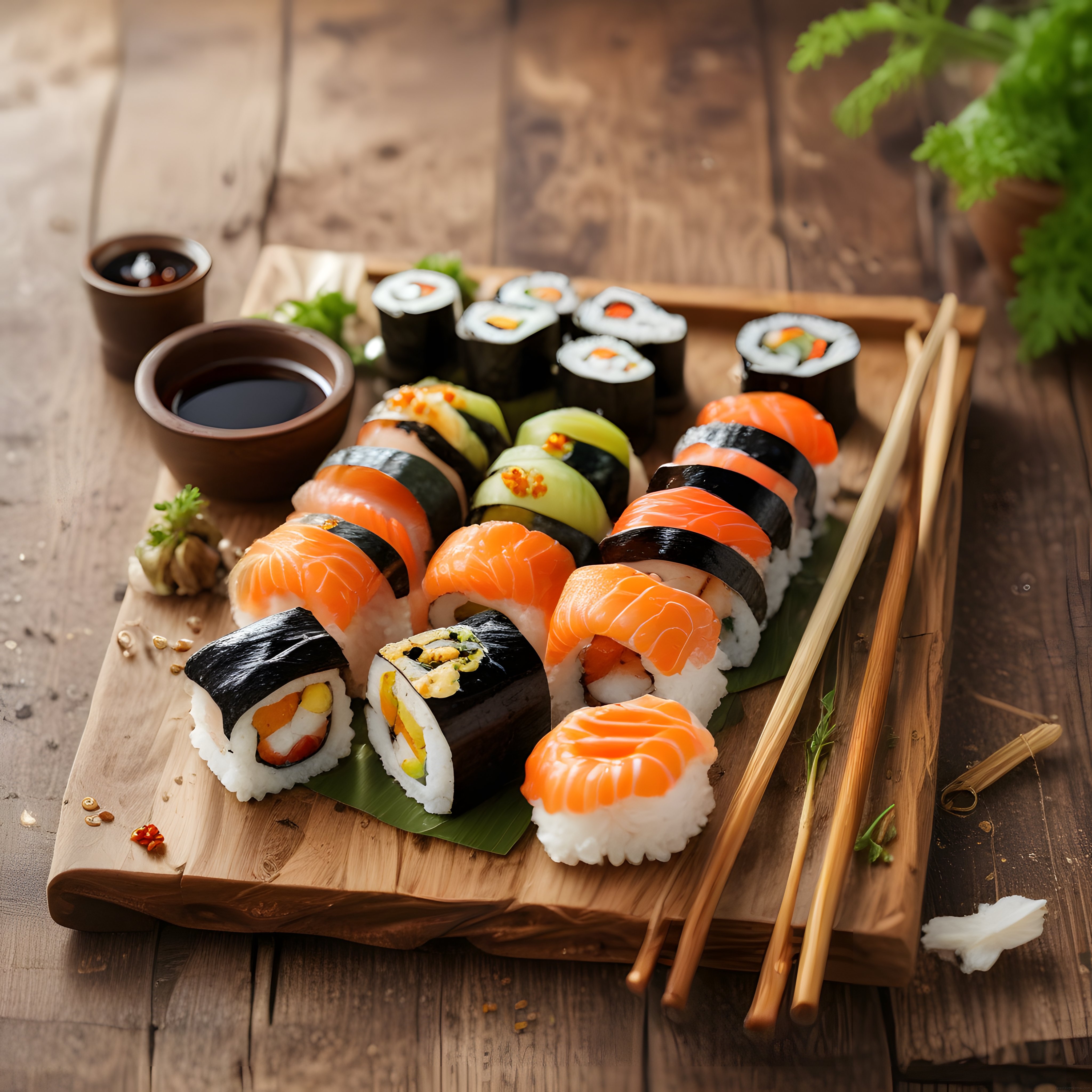 Ahşap Sunum Tahtası Üzerinde Taze Somonlu ve Avokadolu Sushi Çeşitleri