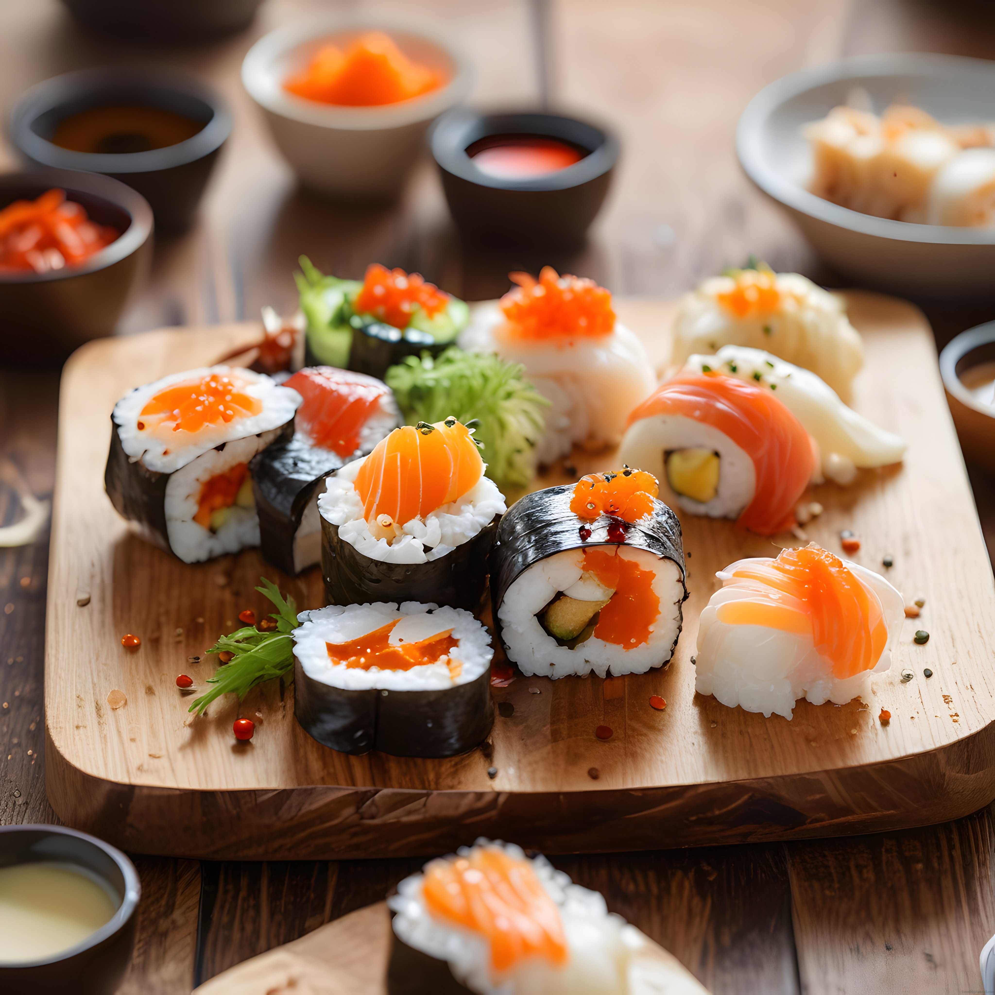 Ahşap Sunum Tahtası Üzerinde Taze Somonlu ve Havyarlı Sushi Çeşitleri