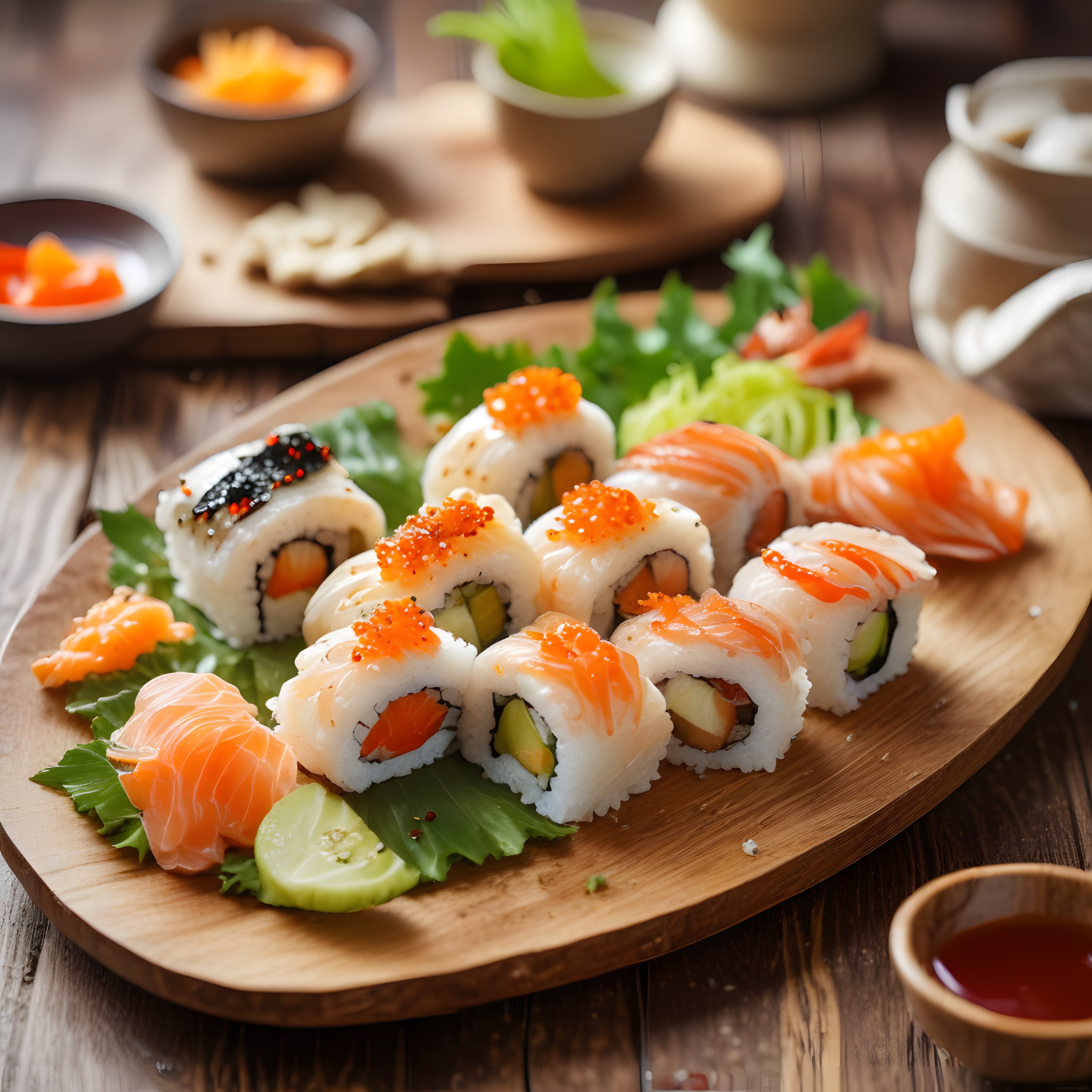 ahşap sunum tahtası üzerinde taze somonlu ve kırmızı havyarlı özel sushi tabağı
