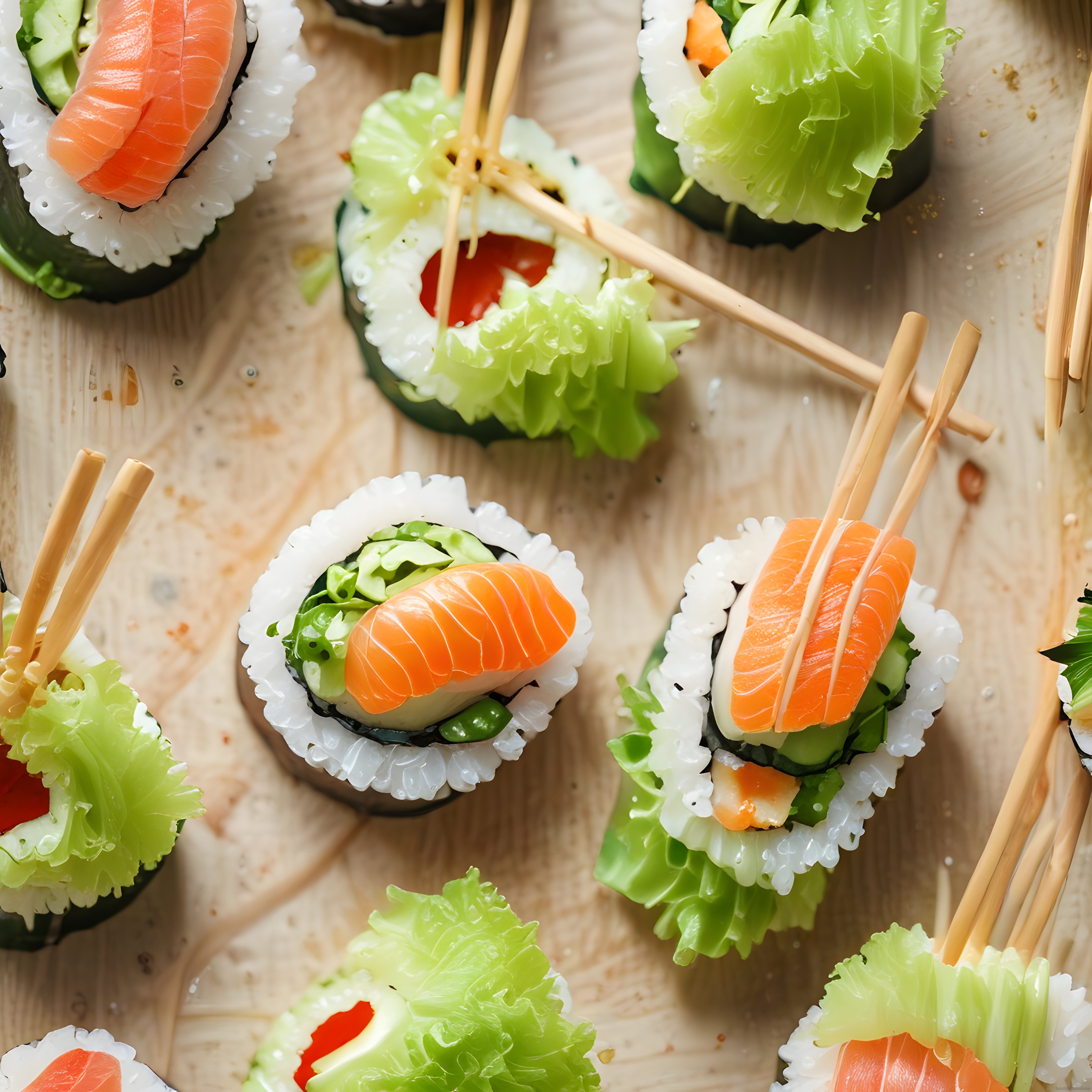 Ahşap sunum tahtası üzerinde taze somonlu ve sebzeli sushi çeşitleri