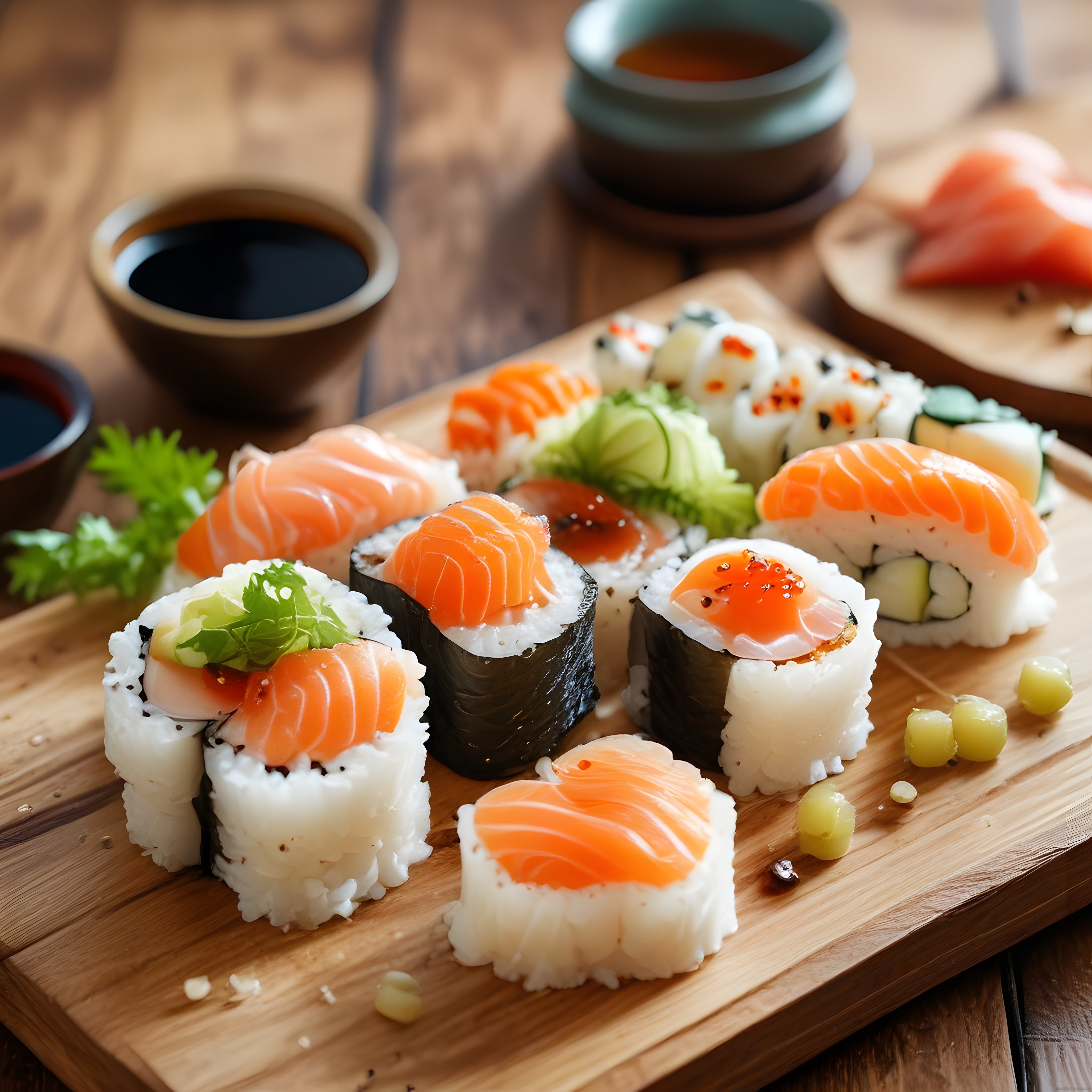 Ahşap Sunum Tahtası Üzerinde Taze Somonlu ve Sebzeli Sushi Çeşitleri