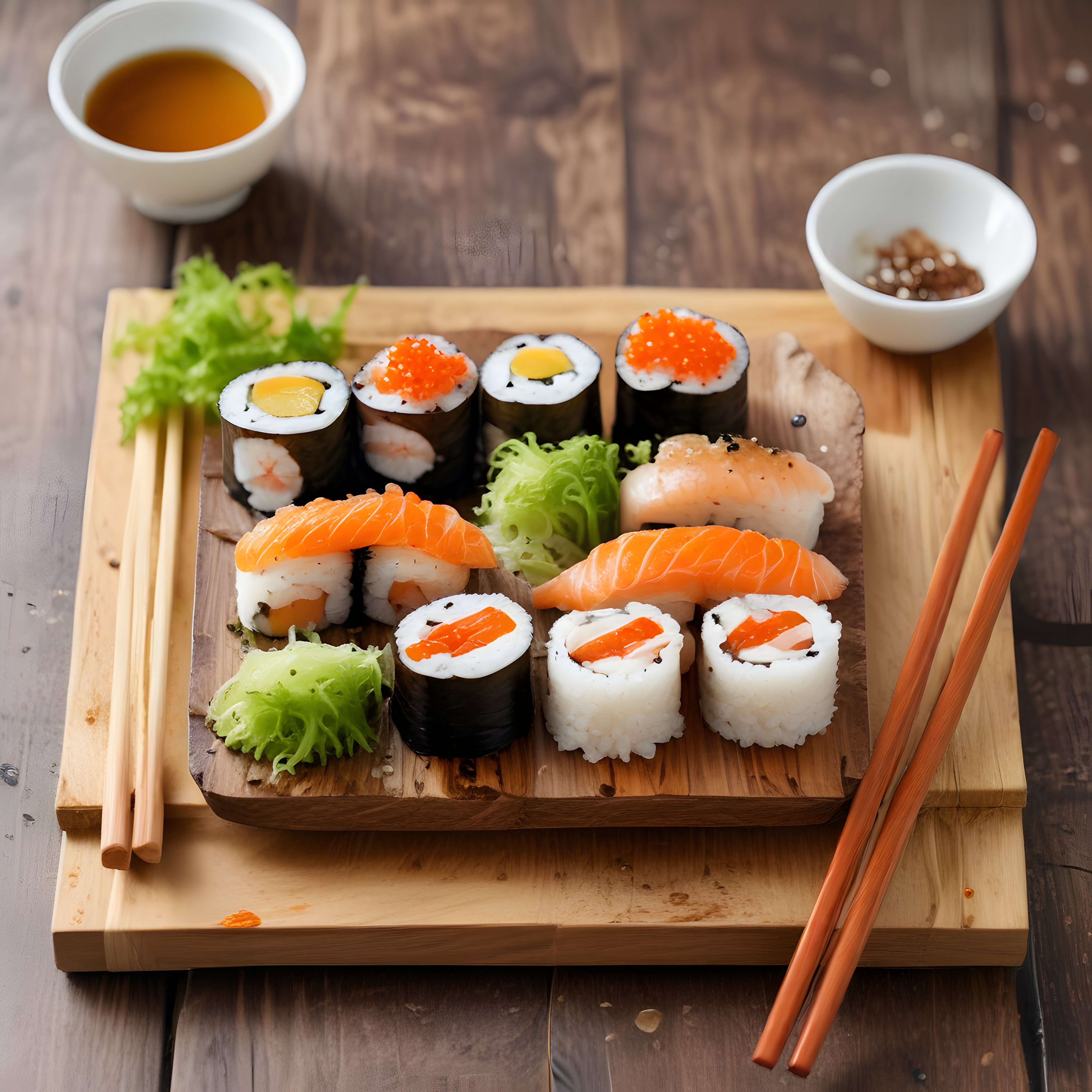 Ahşap sunum tahtası üzerinde taze sushi çeşitleri somon nigiri ve maki ruloları