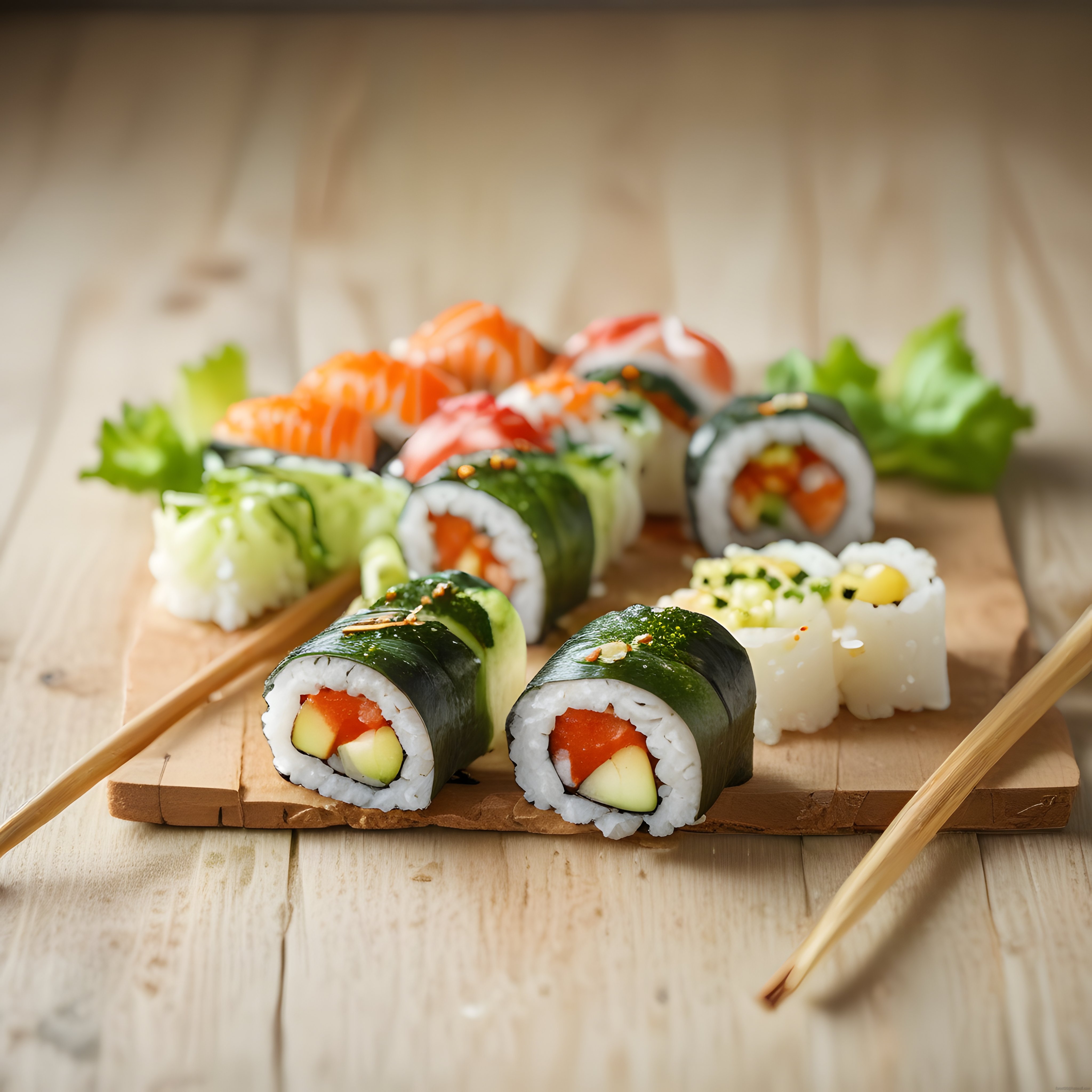 Ahşap sunum tahtası üzerinde taze sushi ruloları ve japon çubukları