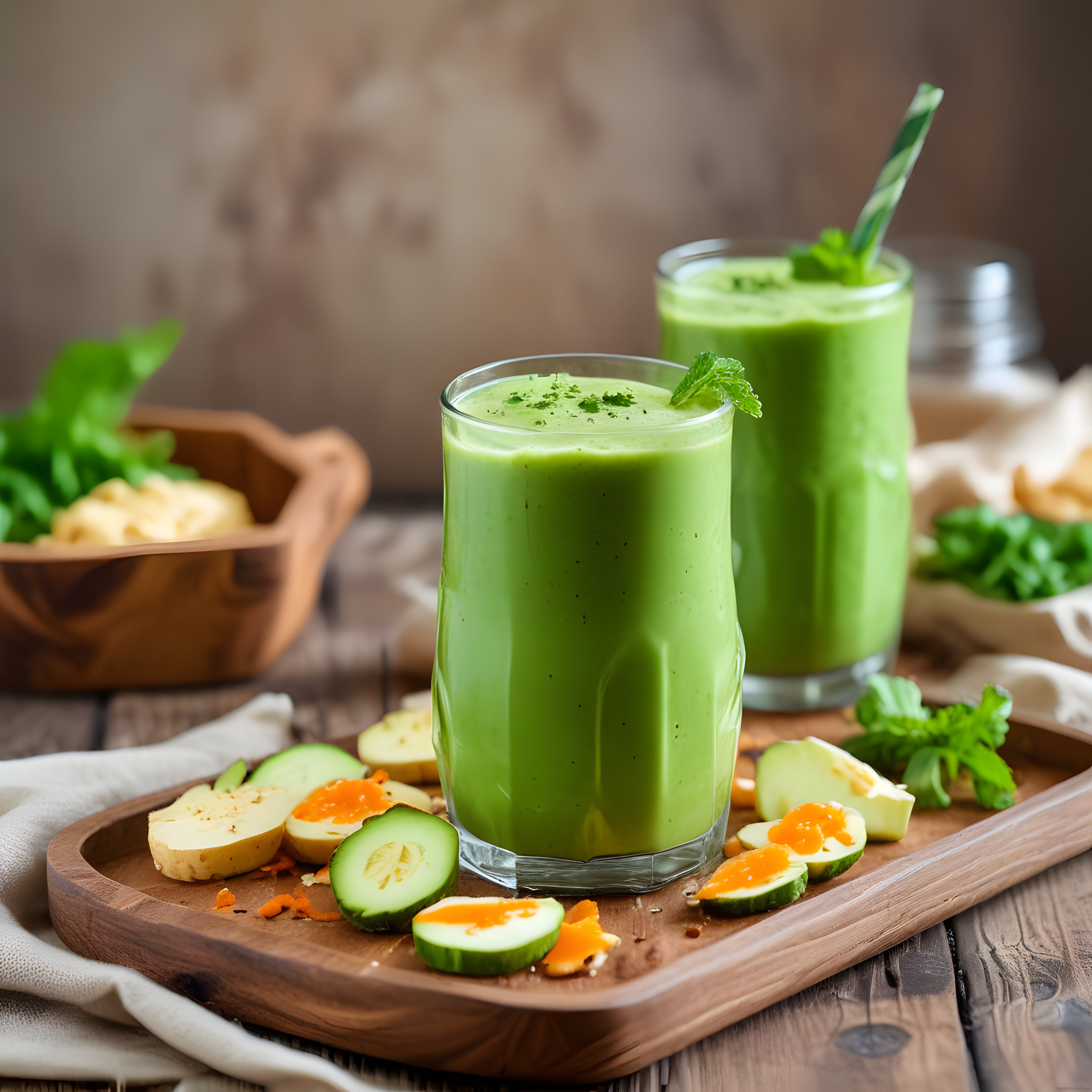 Ahşap Sunum Tahtası Üzerinde Taze Yeşil Detoks Smoothie ve Salatalık Dilimleri