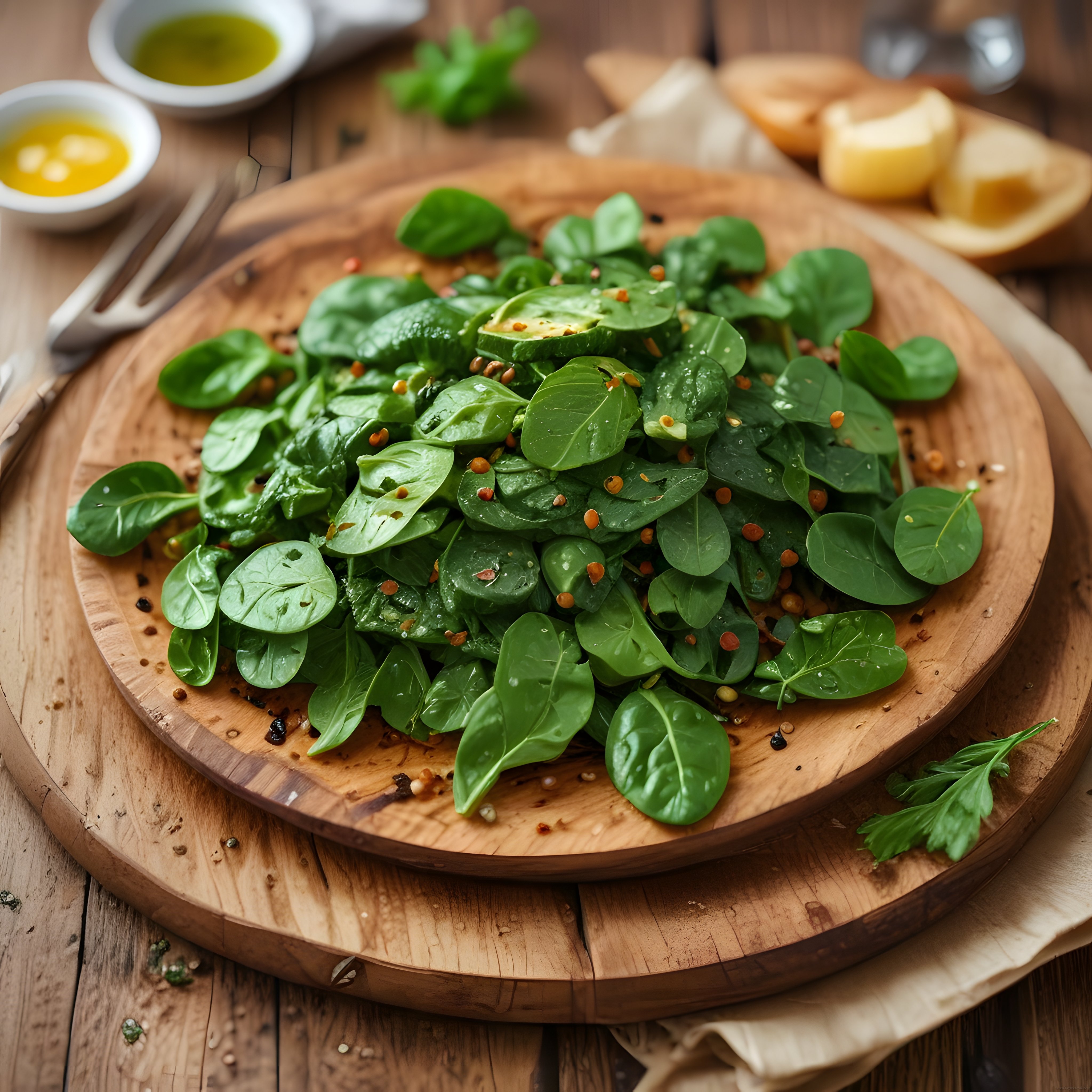 Ahşap Sunum Tahtası Üzerinde Taze Yeşil Salata ve Zeytinyağı Detayları
