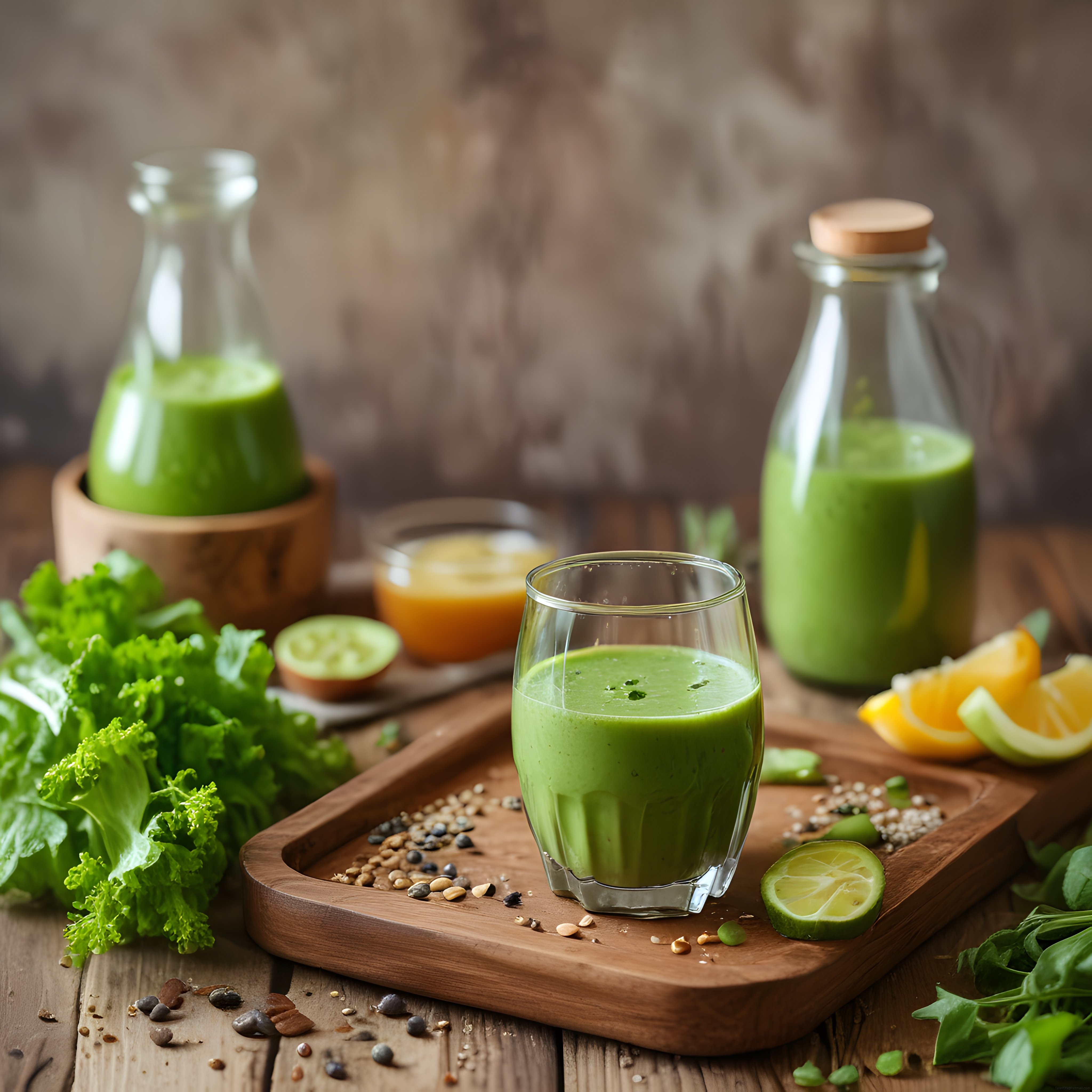 Ahşap Sunum Tahtası Üzerinde Taze Yeşil Smoothie ve Doğal Malzemeler