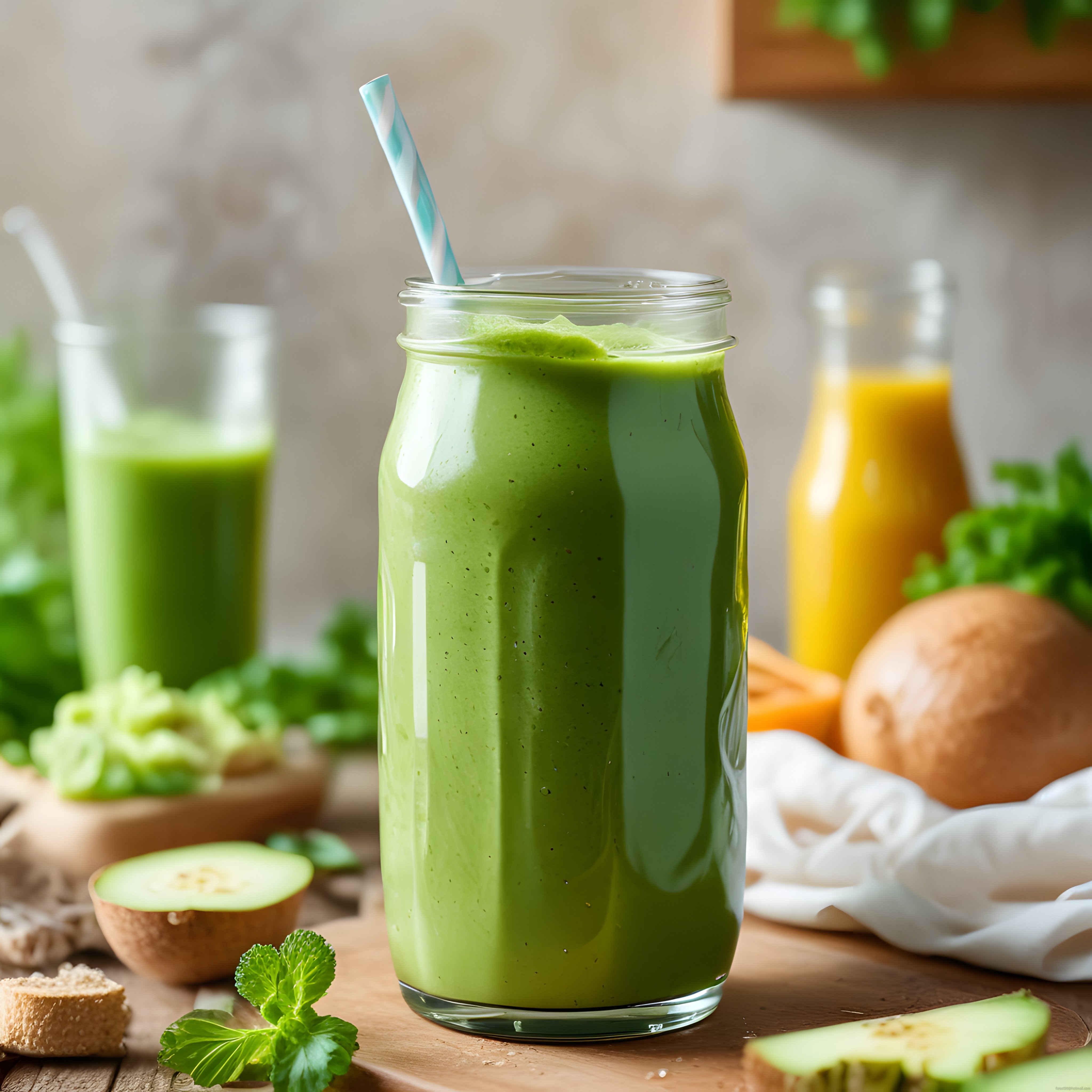Ahşap sunum tahtası üzerinde taze yeşil smoothie ve doğal malzemeler