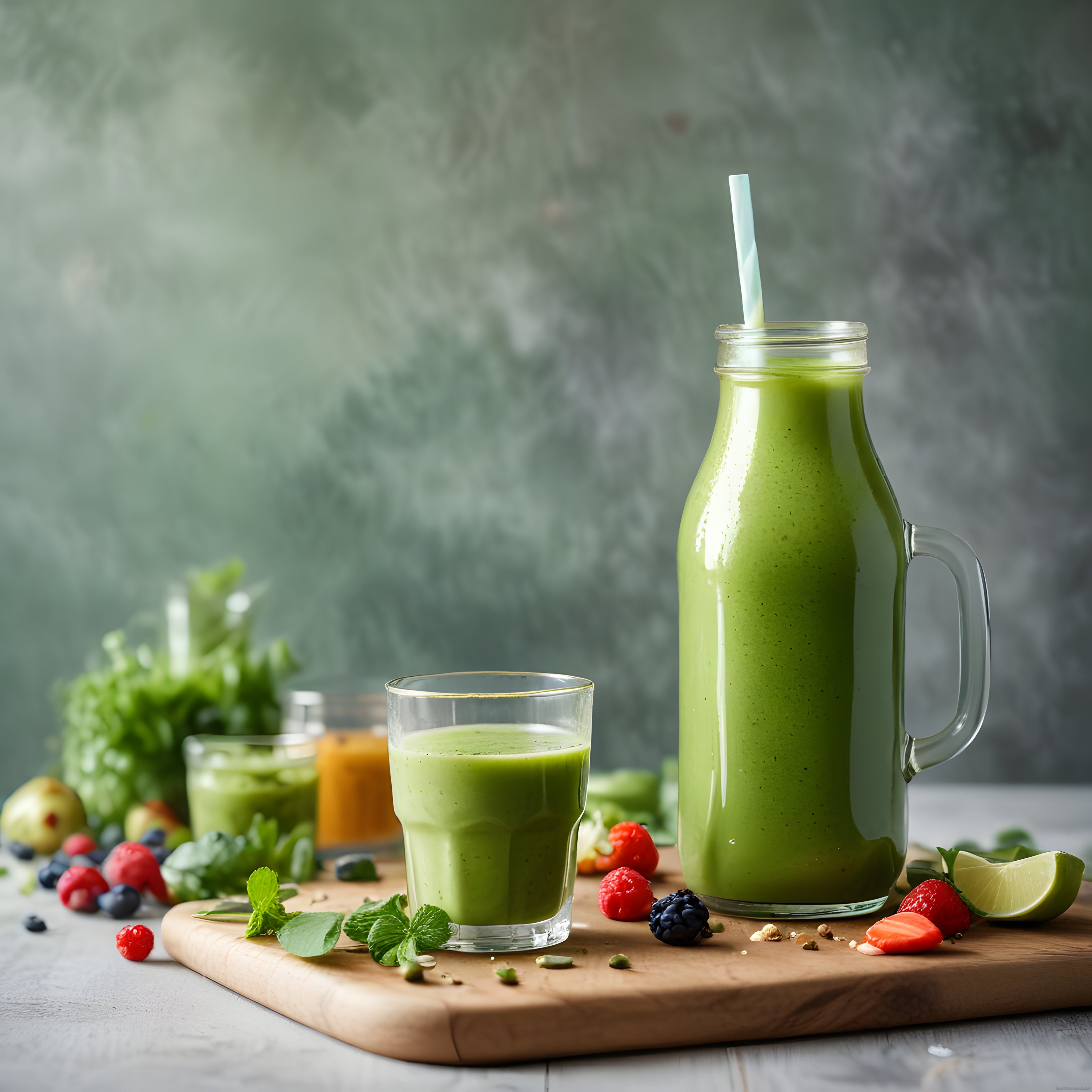Ahşap sunum tahtası üzerinde taze yeşil smoothie ve doğal meyveler