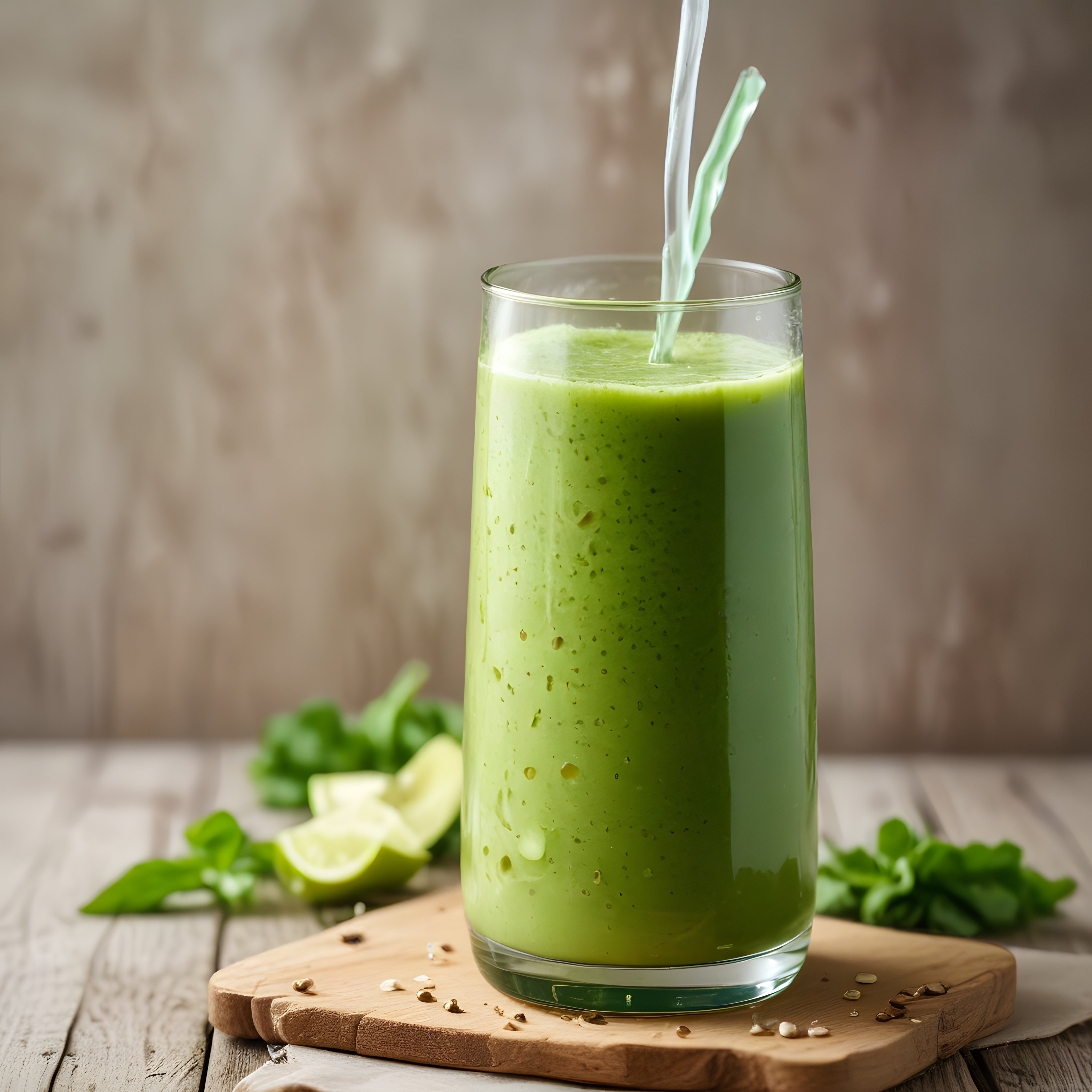 Ahşap Sunum Tahtası Üzerinde Taze Yeşil Smoothie ve Limon Dilimleri
