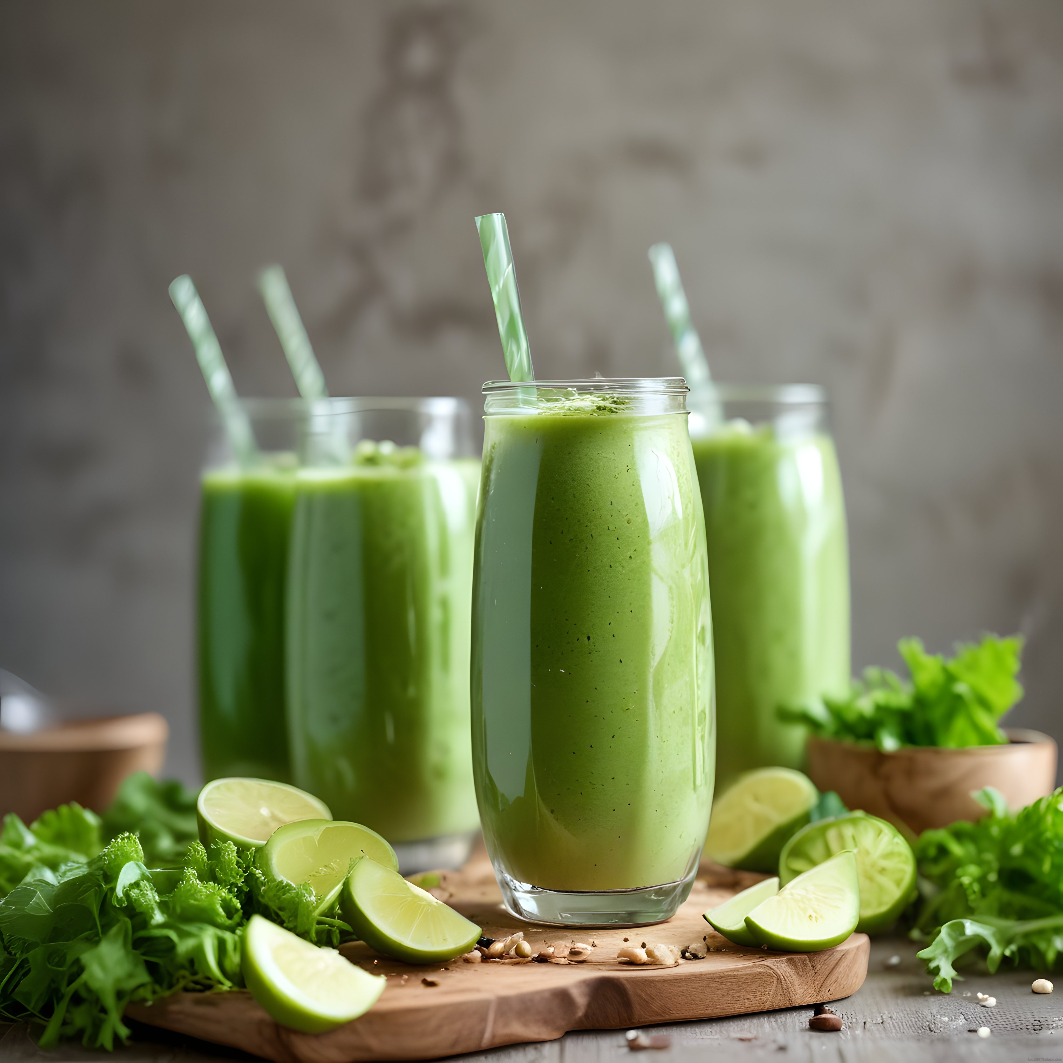 Ahşap sunum tahtası üzerinde taze yeşil smoothie ve limon dilimleri
