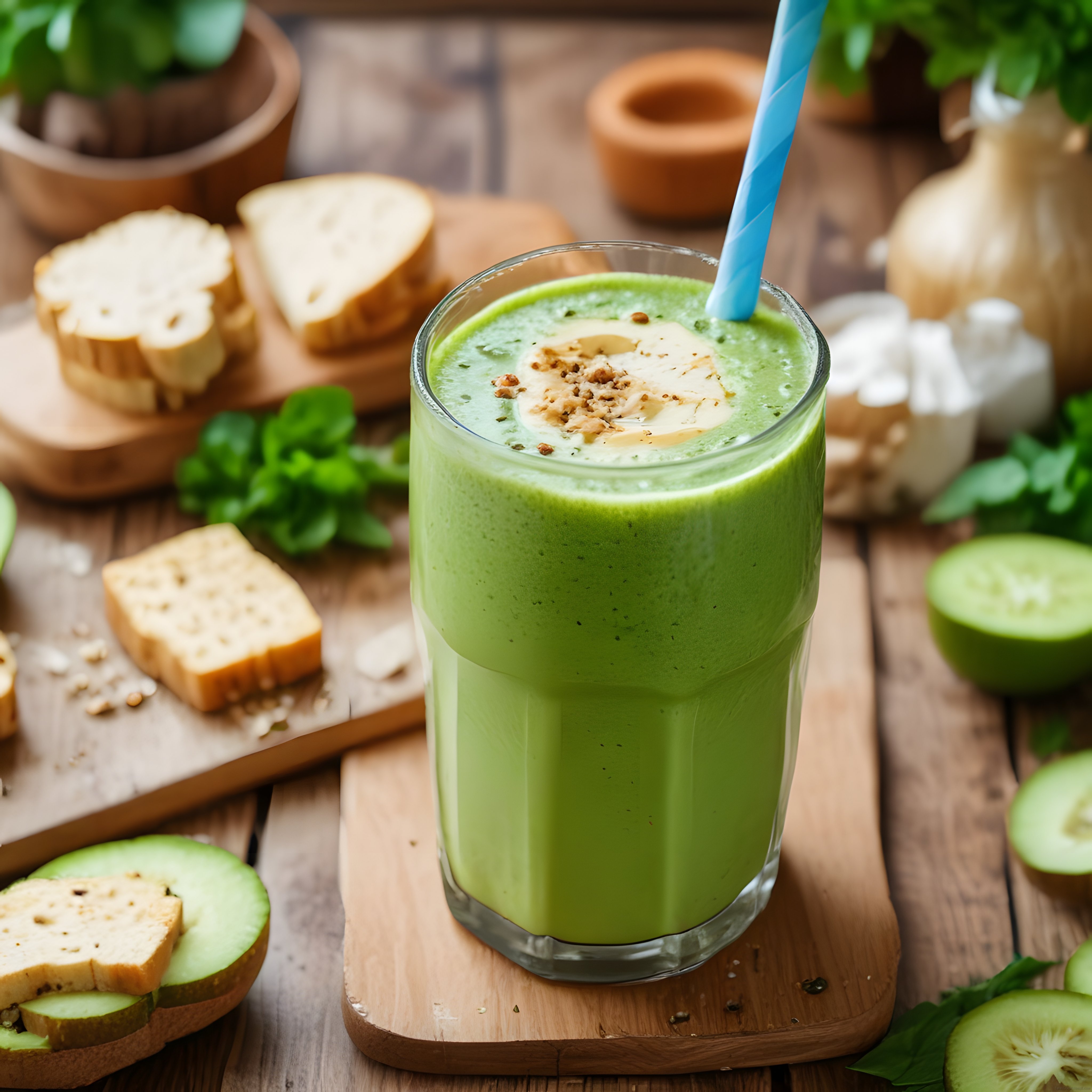 Ahşap Sunum Tahtası Üzerinde Taze Yeşil Smoothie ve Meyve Dilimleri