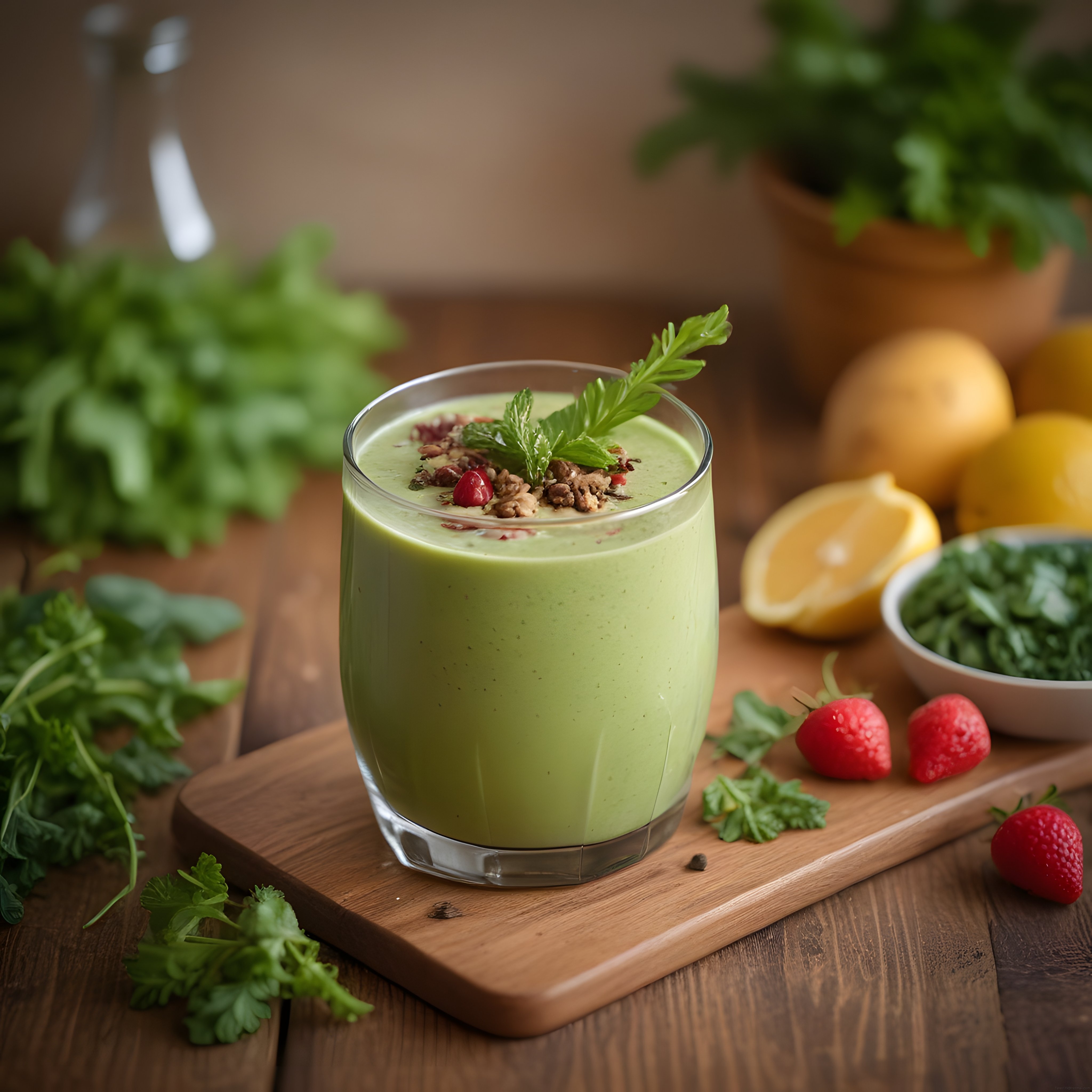 Ahşap Sunum Tahtası Üzerinde Taze Yeşil Smoothie ve Meyve Süslemeleri