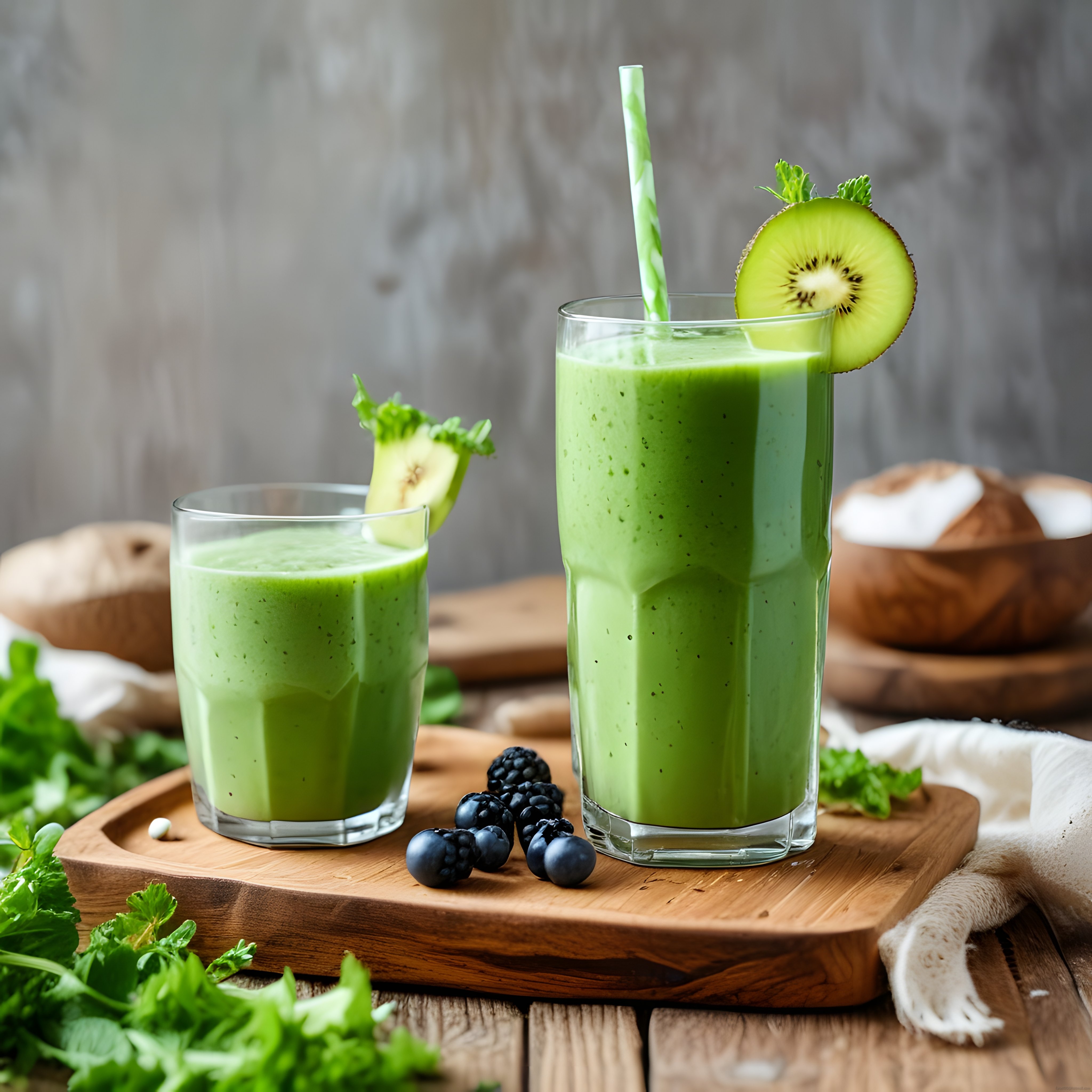 Ahşap Sunum Tahtası Üzerinde Taze Yeşil Smoothie ve Orman Meyveleri