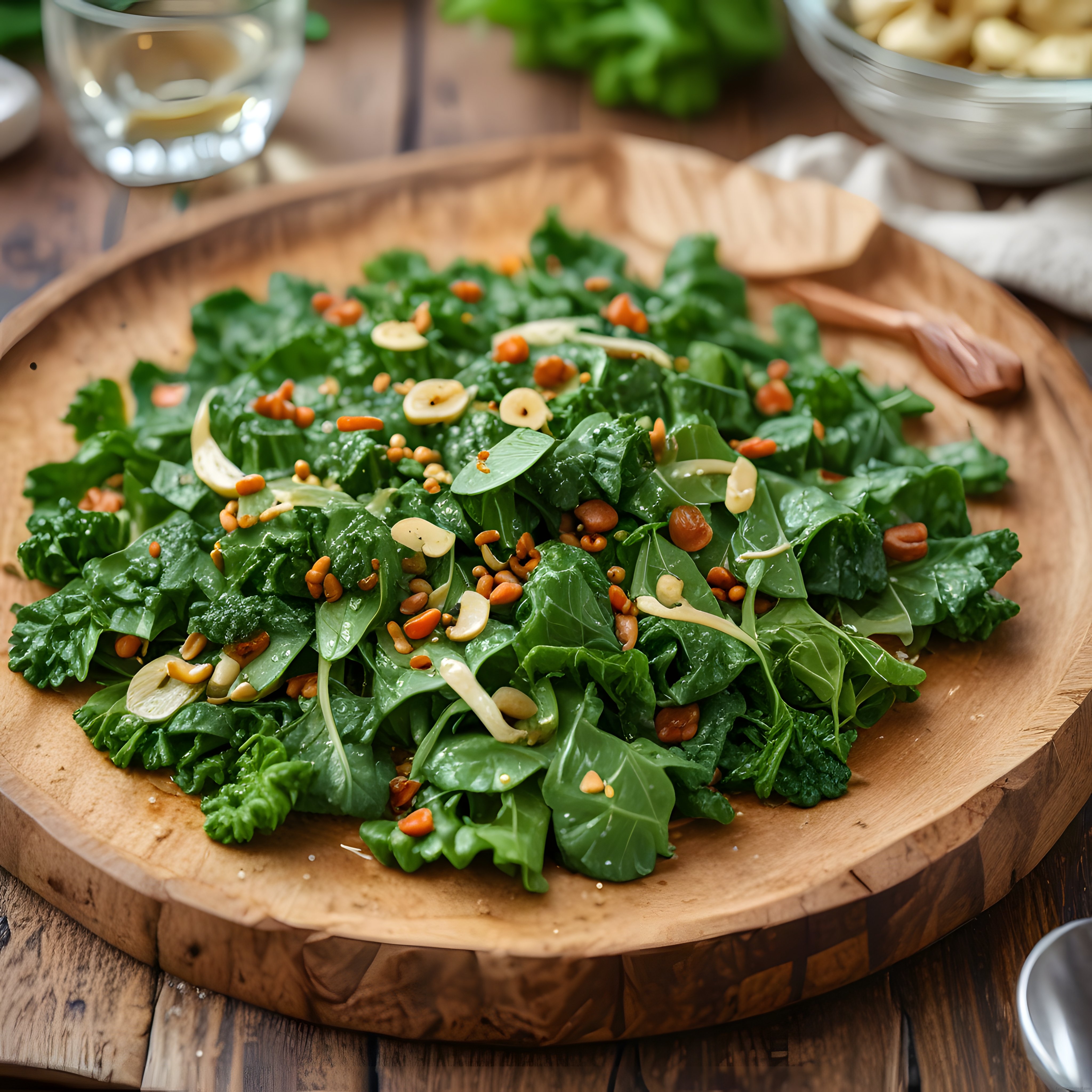 Ahşap Sunum Tahtası Üzerinde Taze Yeşillik Salata ve Kuruyemişli Sağlıklı Tarif
