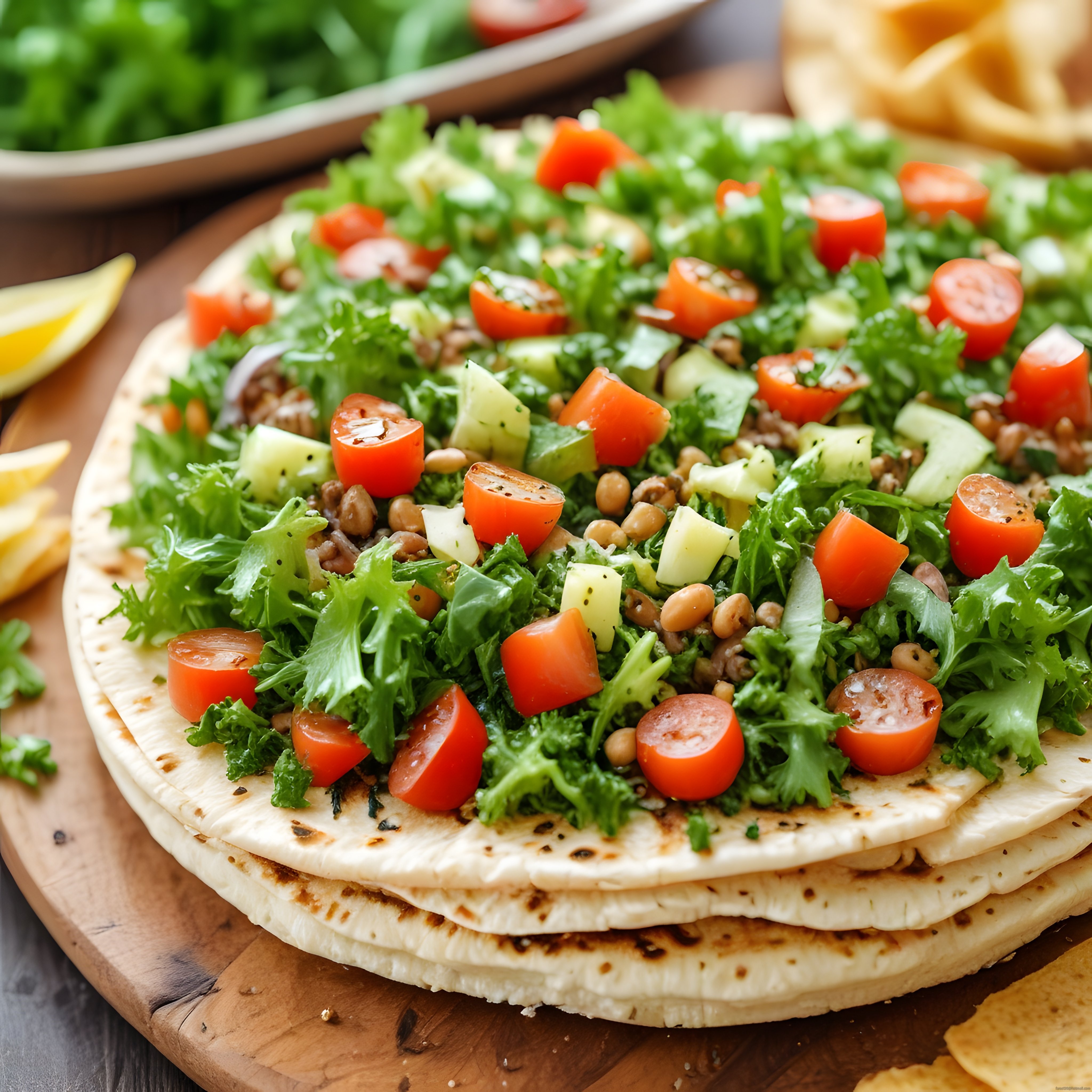 Ahşap Sunum Tahtası Üzerinde Taze Yeşillikli ve Baklagilli Vegan Lavaş