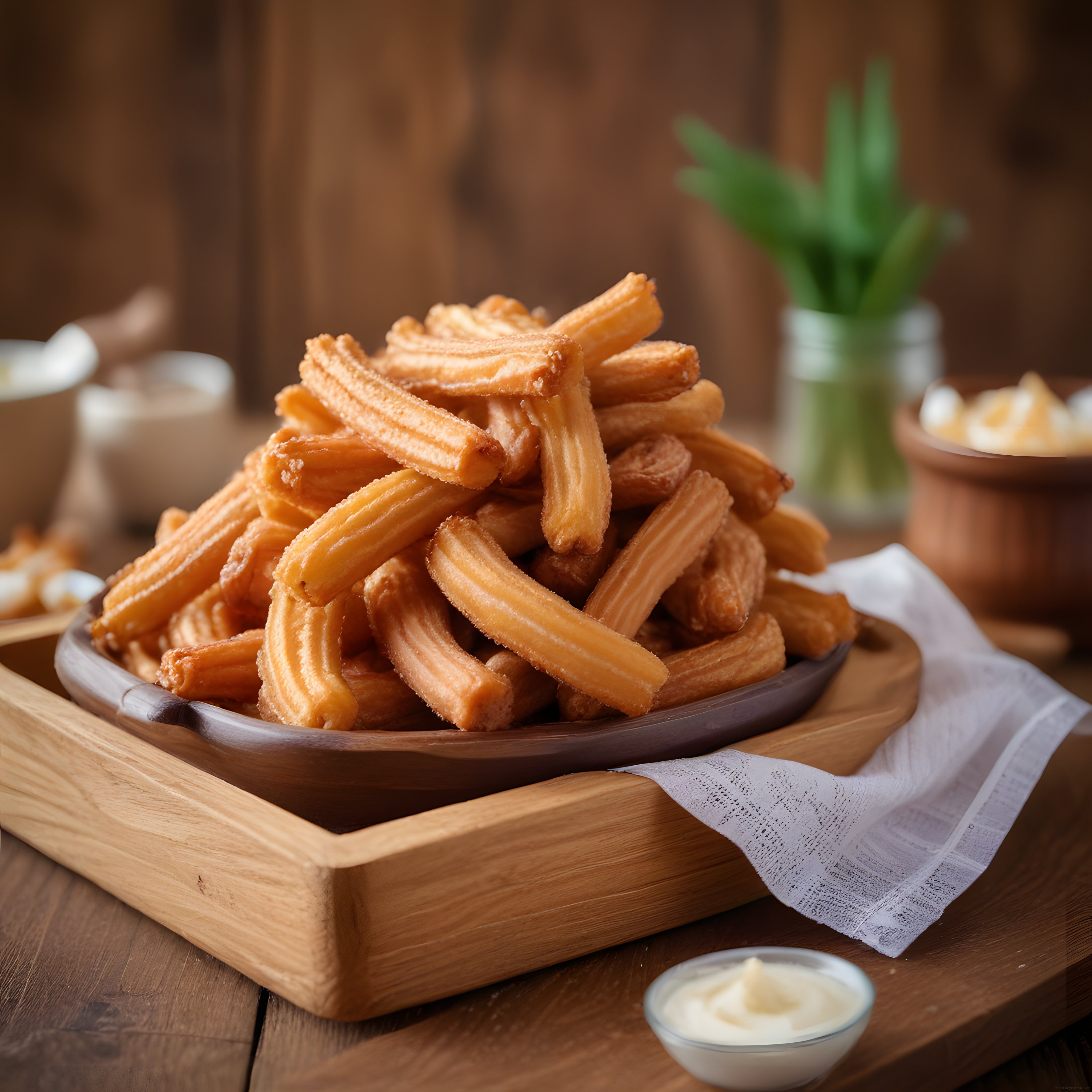 Ahşap Sunum Tahtası Üzerinde Tazelikten Çıkmış Şekerli Churros ve Sosu