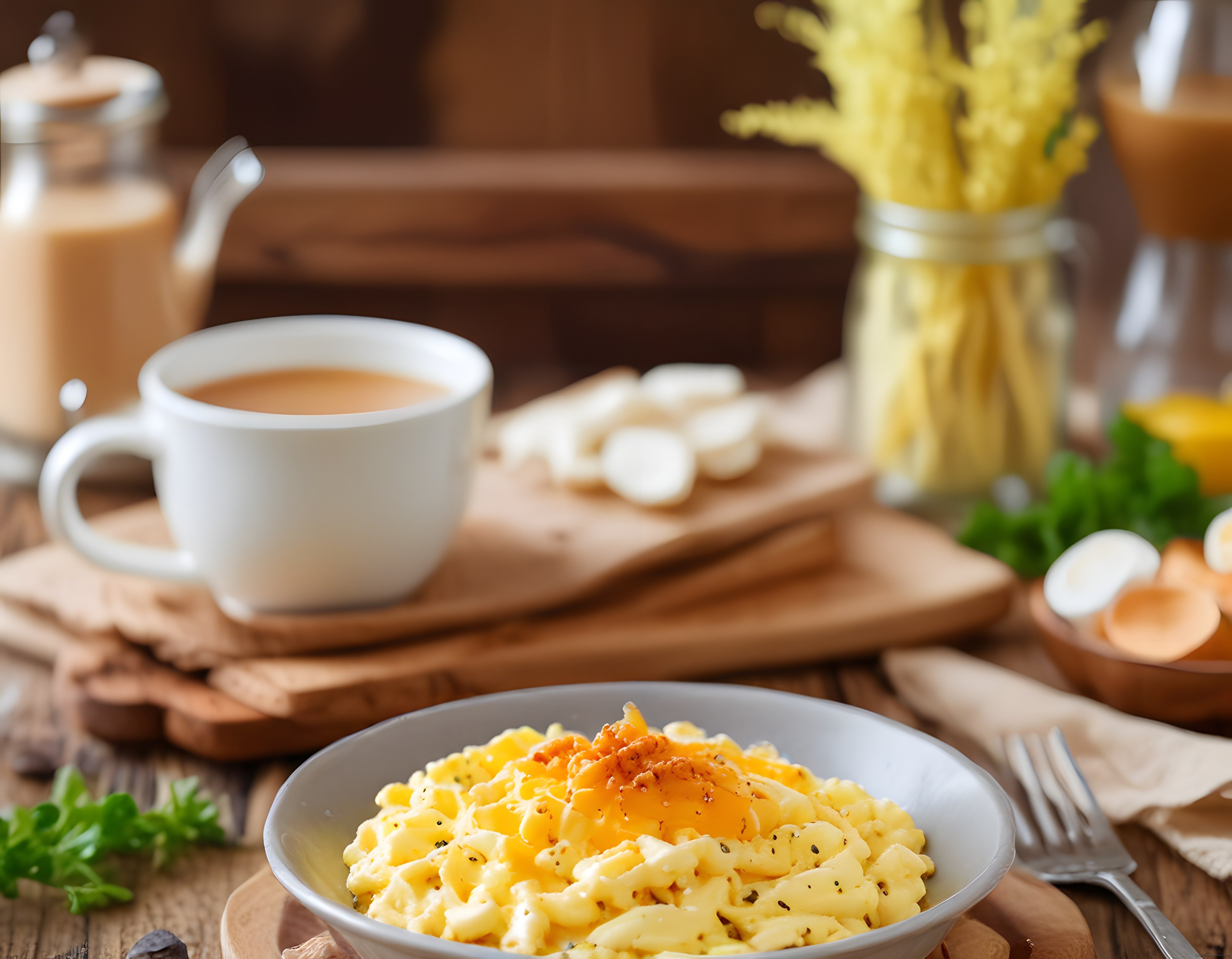 Ahşap Sunum Tahtası Üzerinde Tereyağlı Sahanda Yumurta ve Çay Keyfi