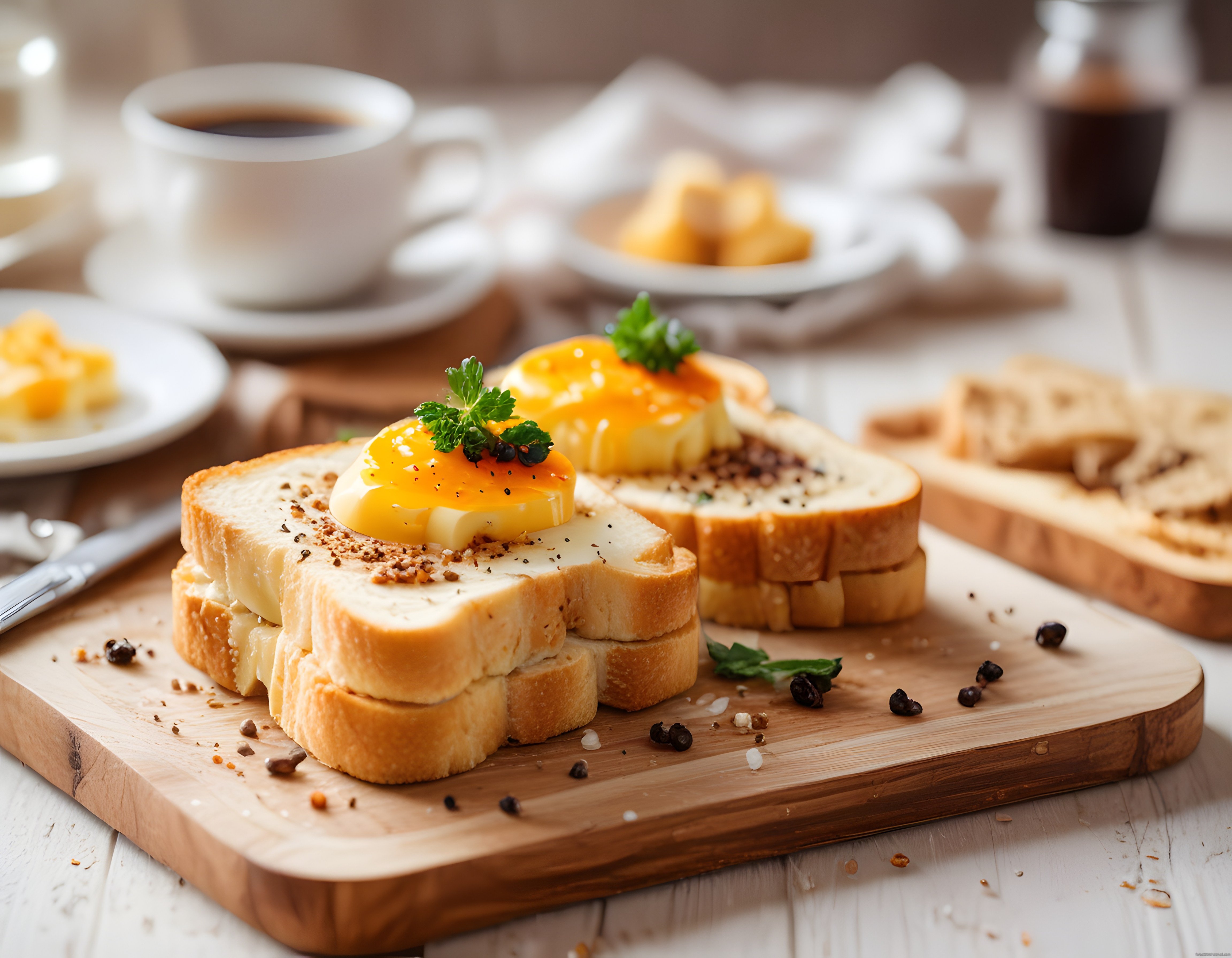Ahşap Sunum Tahtası Üzerinde Tereyağlı Tost ve Yumurta ile Sıcak Kahvaltı Keyfi