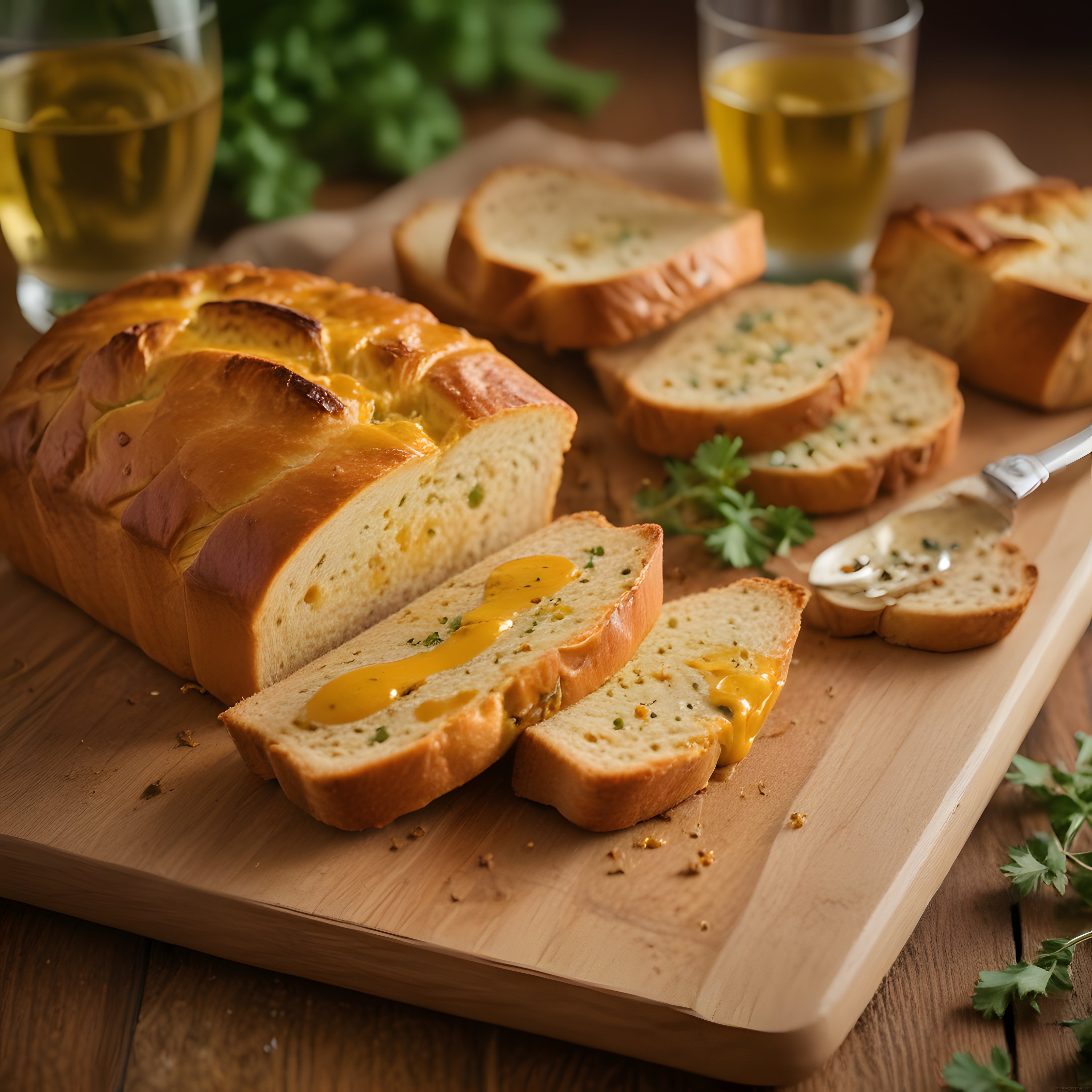 Ahşap Sunum Tahtası Üzerinde Tereyağlı ve Peynirli Taze Ekmek Dilimleri