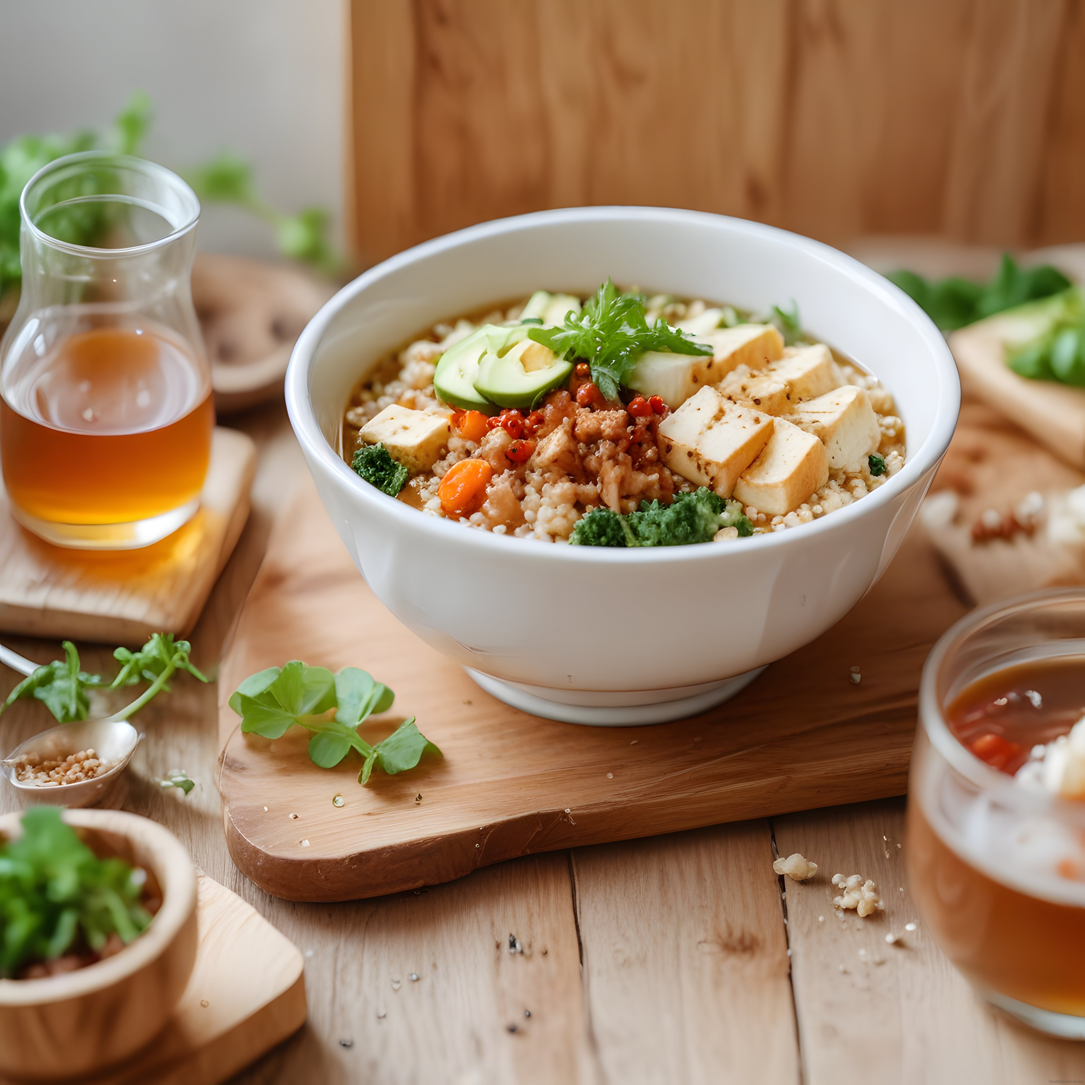 Ahşap Sunum Tahtası Üzerinde Tofu ve Avokadolu Sağlıklı Kinoa Kasesi