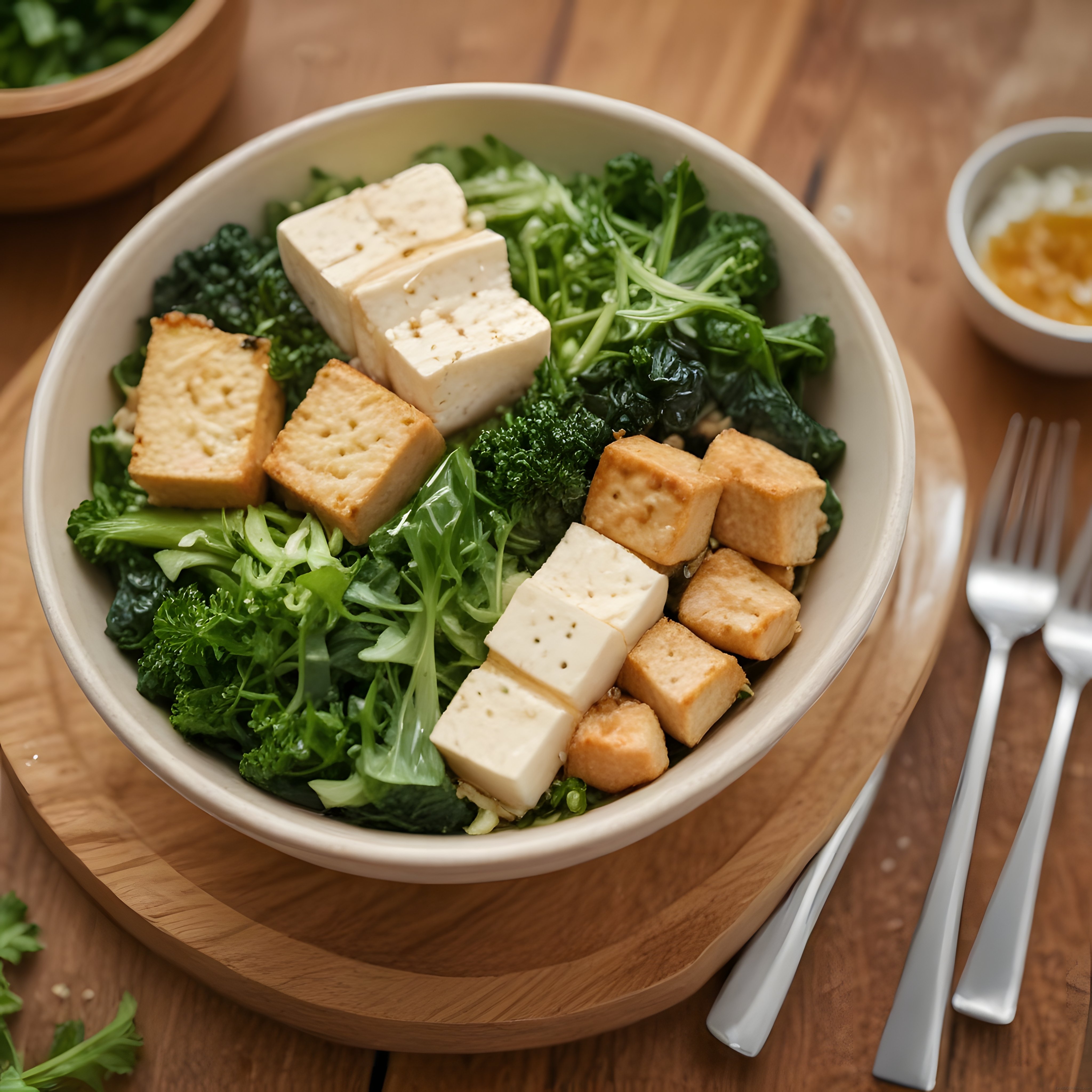 Ahşap Sunum Tahtası Üzerinde Tofu ve Yeşil Sebzeli Sağlıklı Vegan Bowl