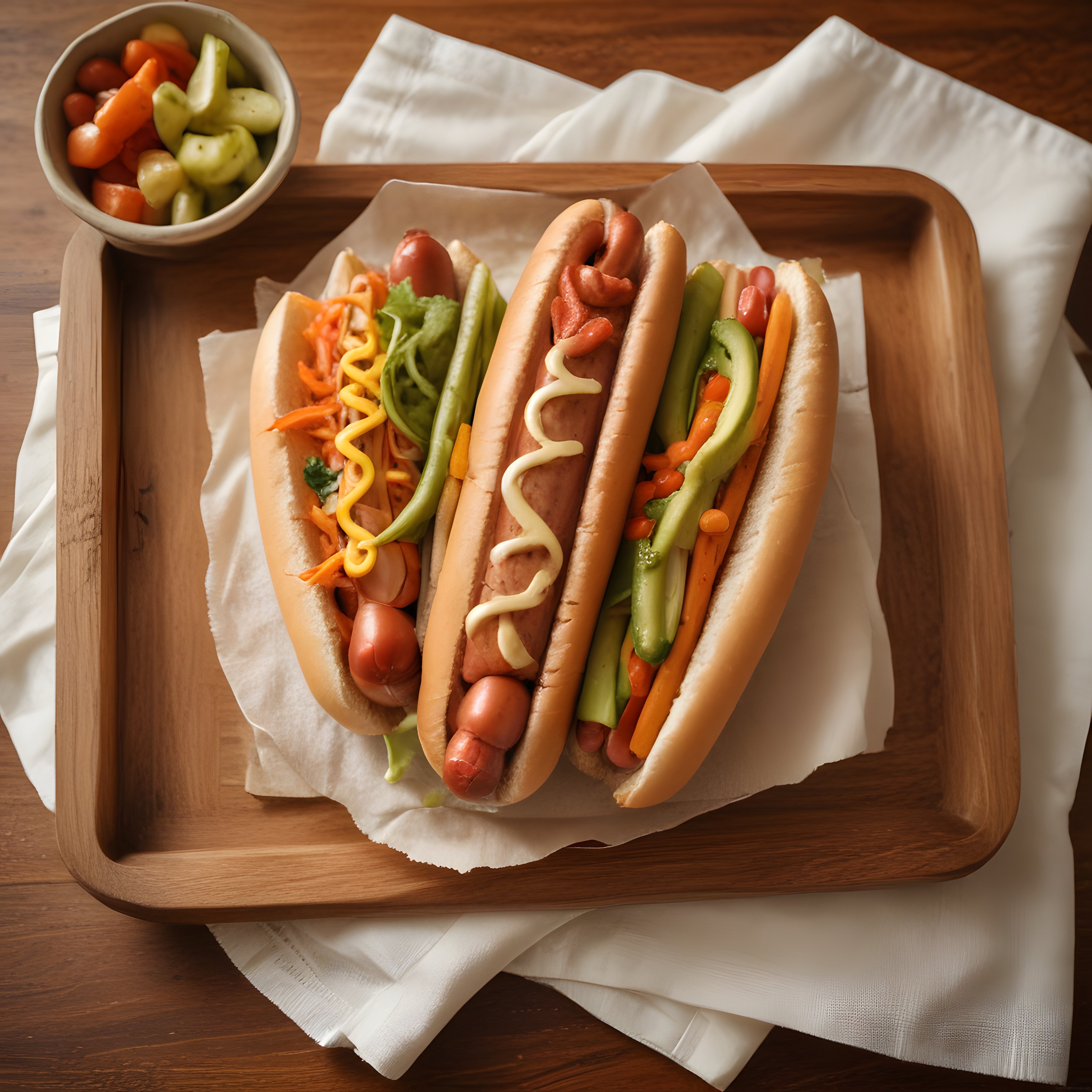 Ahşap Sunum Tahtası Üzerinde Üç Farklı Hot Dog ve Marine Sebzeler