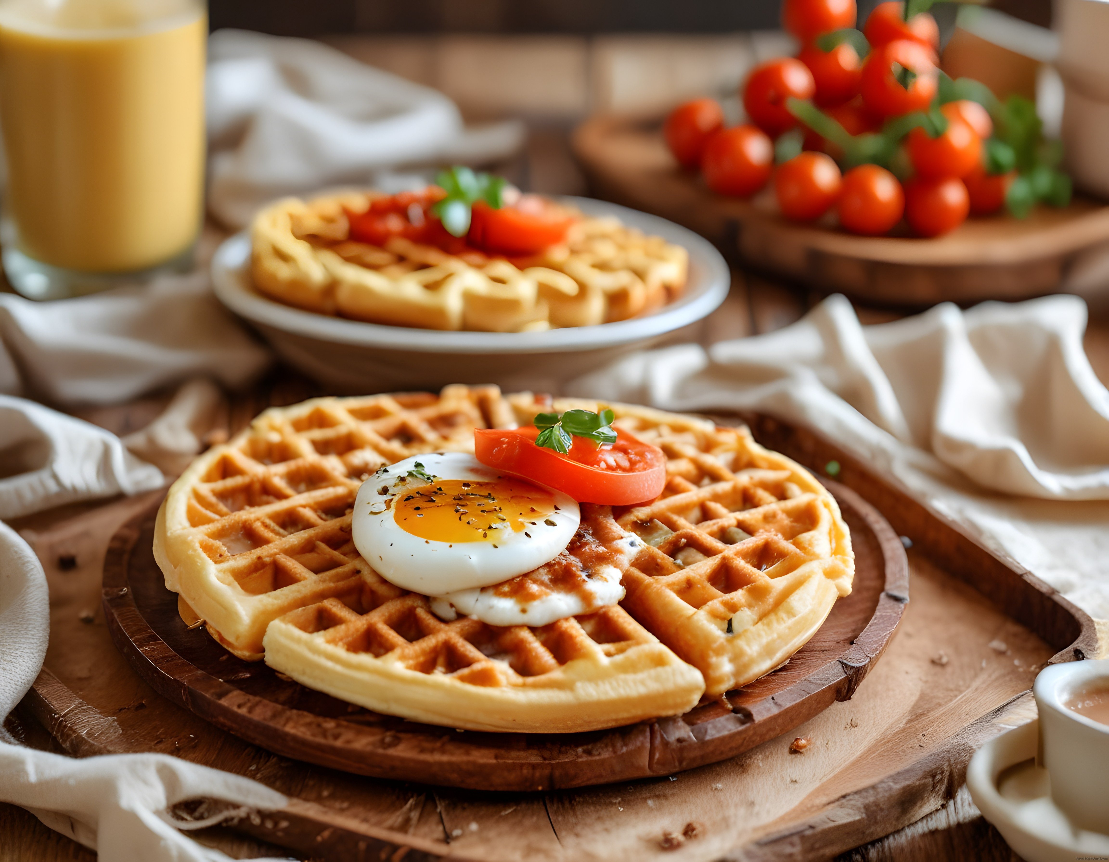 Ahşap sunum tahtası üzerinde waffle ve yumurtalı nefis bir kahvaltı tabağı