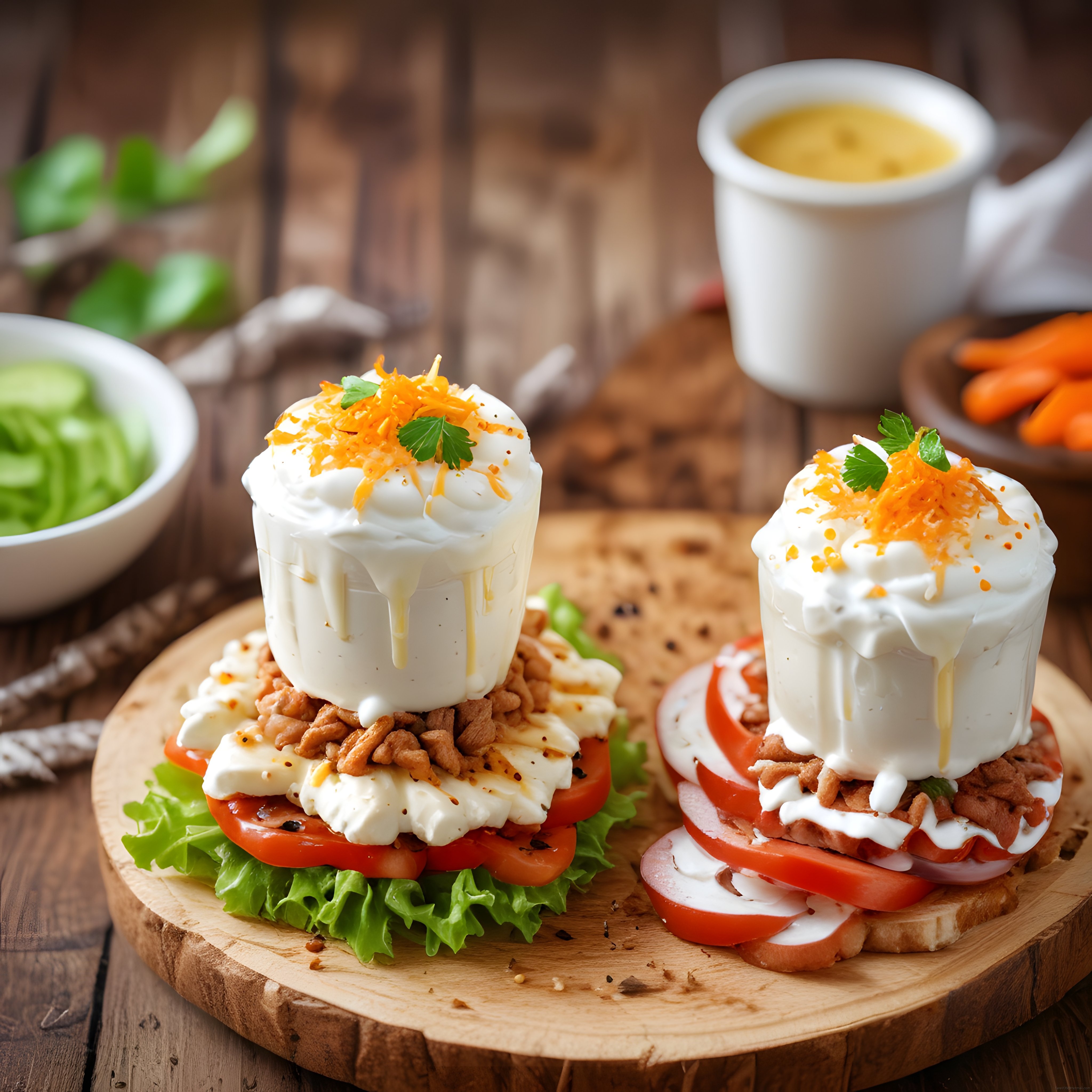 Ahşap sunum tahtası üzerinde yoğurtlu kıtırlı ve domatesli ekmek üstü tarif