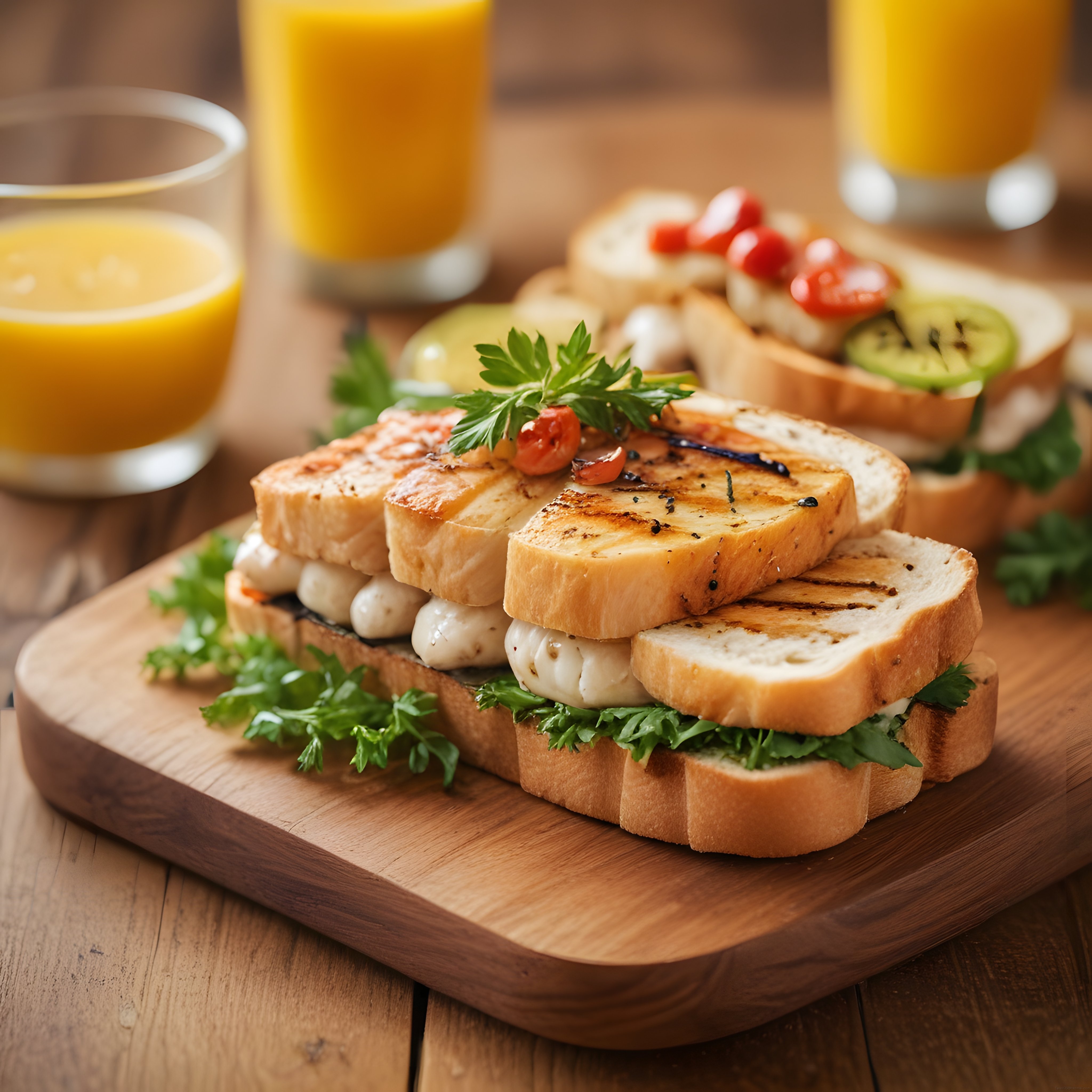 Ahşap sunum tahtası üzerinde yumurtalı tost ve taze portakal suyu eşliğinde kahvaltı