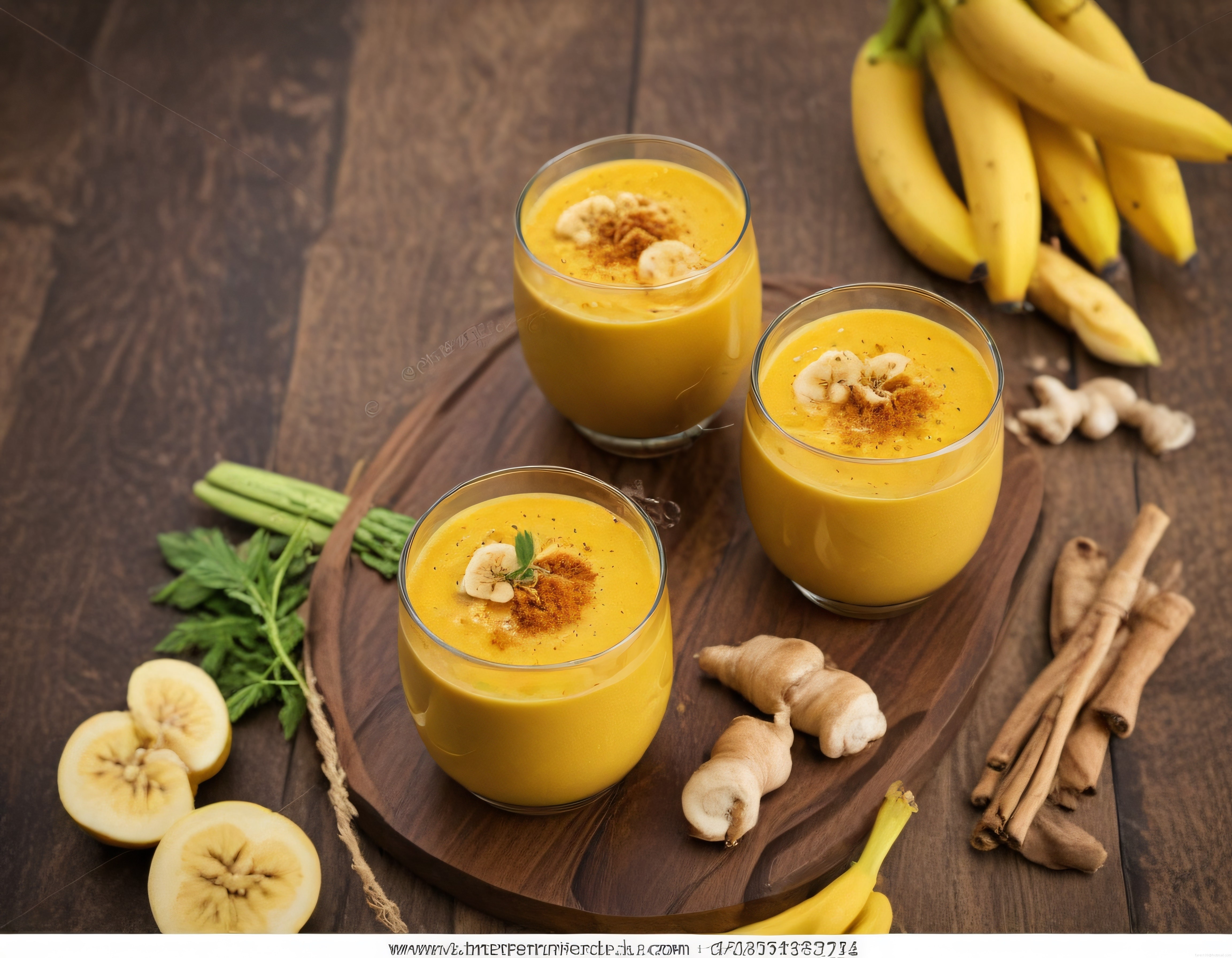 Ahşap sunum tahtası üzerinde zencefilli ve tarçınlı muz smoothie bardakları