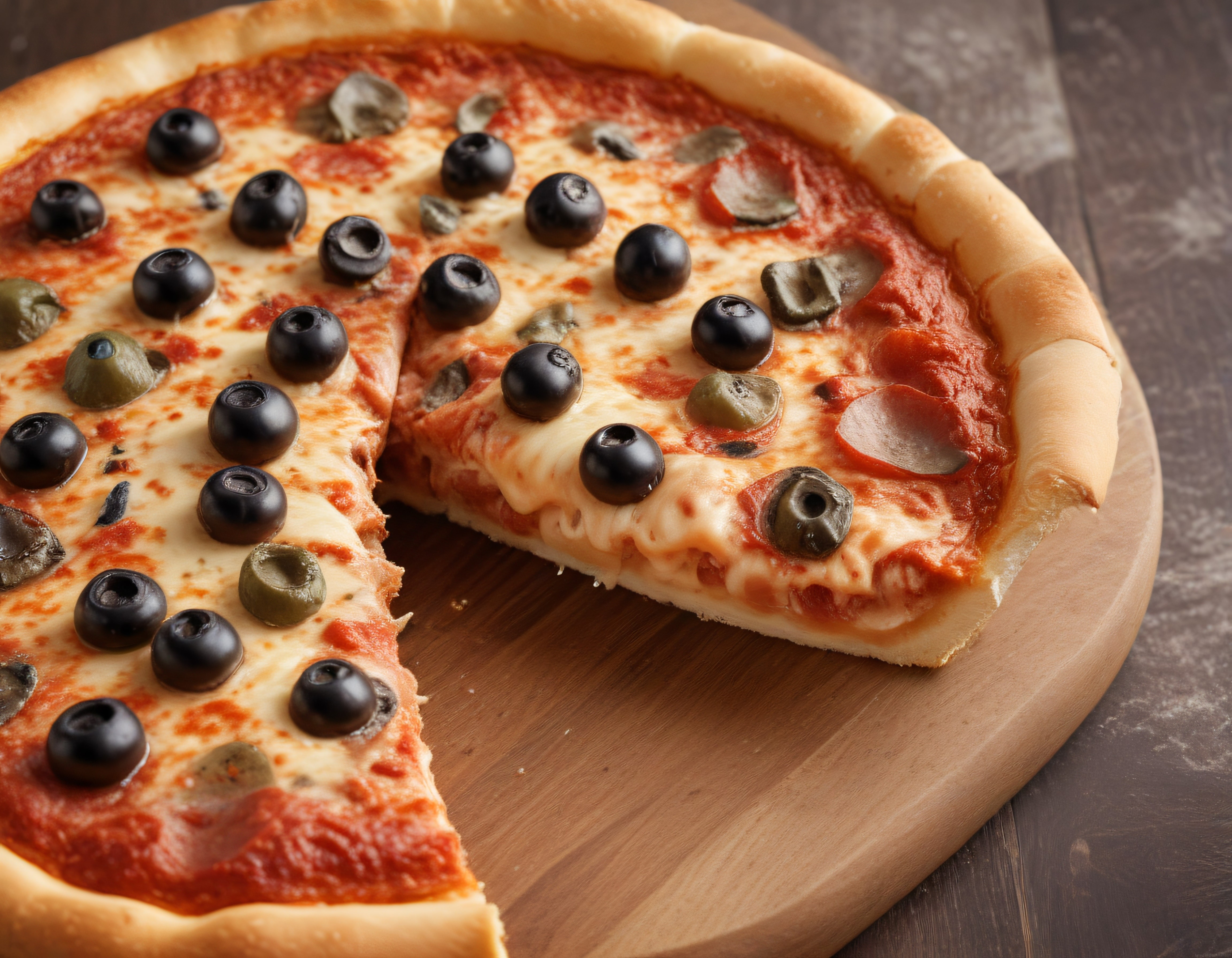 Ahşap sunum tahtası üzerinde zeytinli peynirli İtalyan pizza dilimi