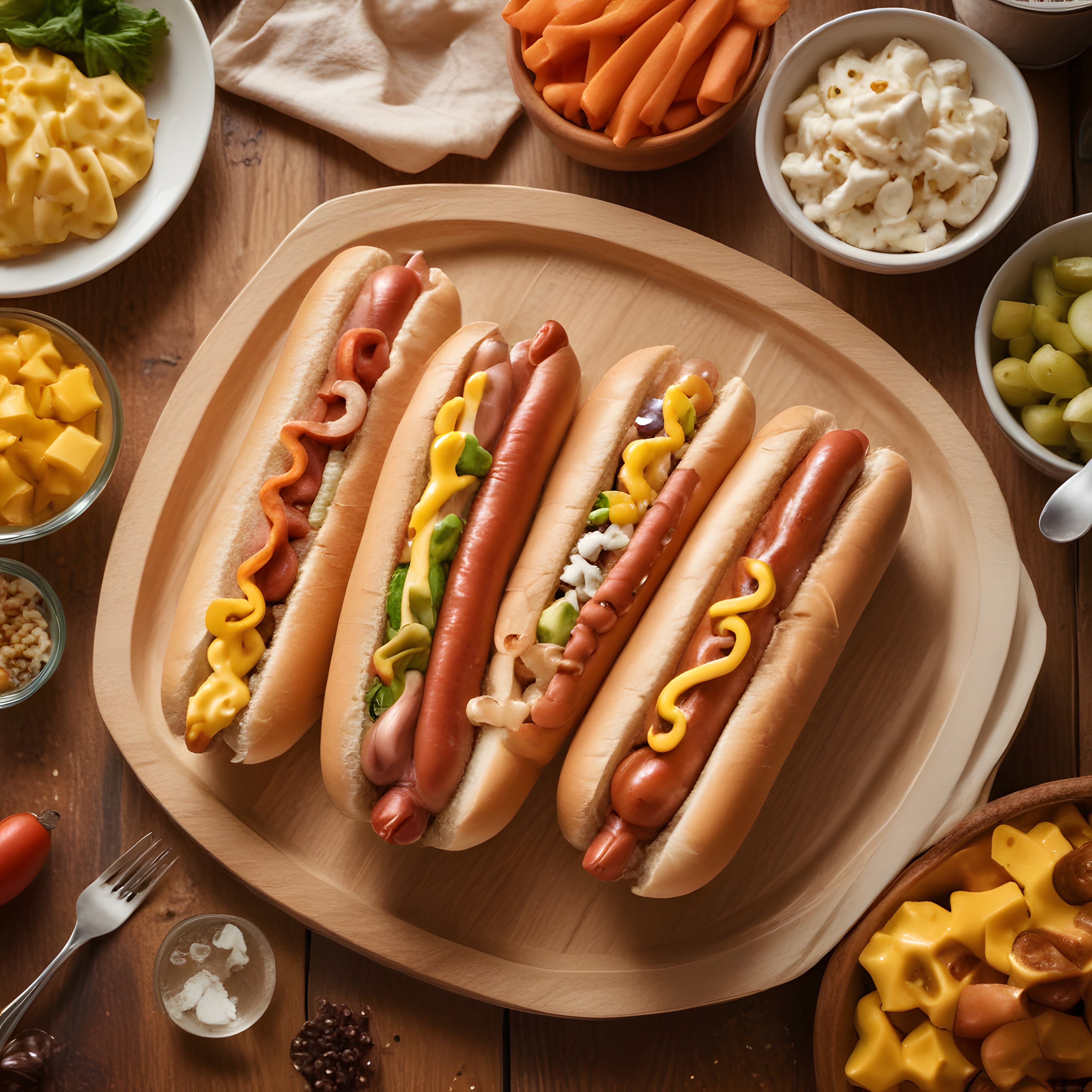 Ahşap Sunum Tahtasında 4 Çeşit Soslu Hot Dog ve Taptaze Yan Lezzetler