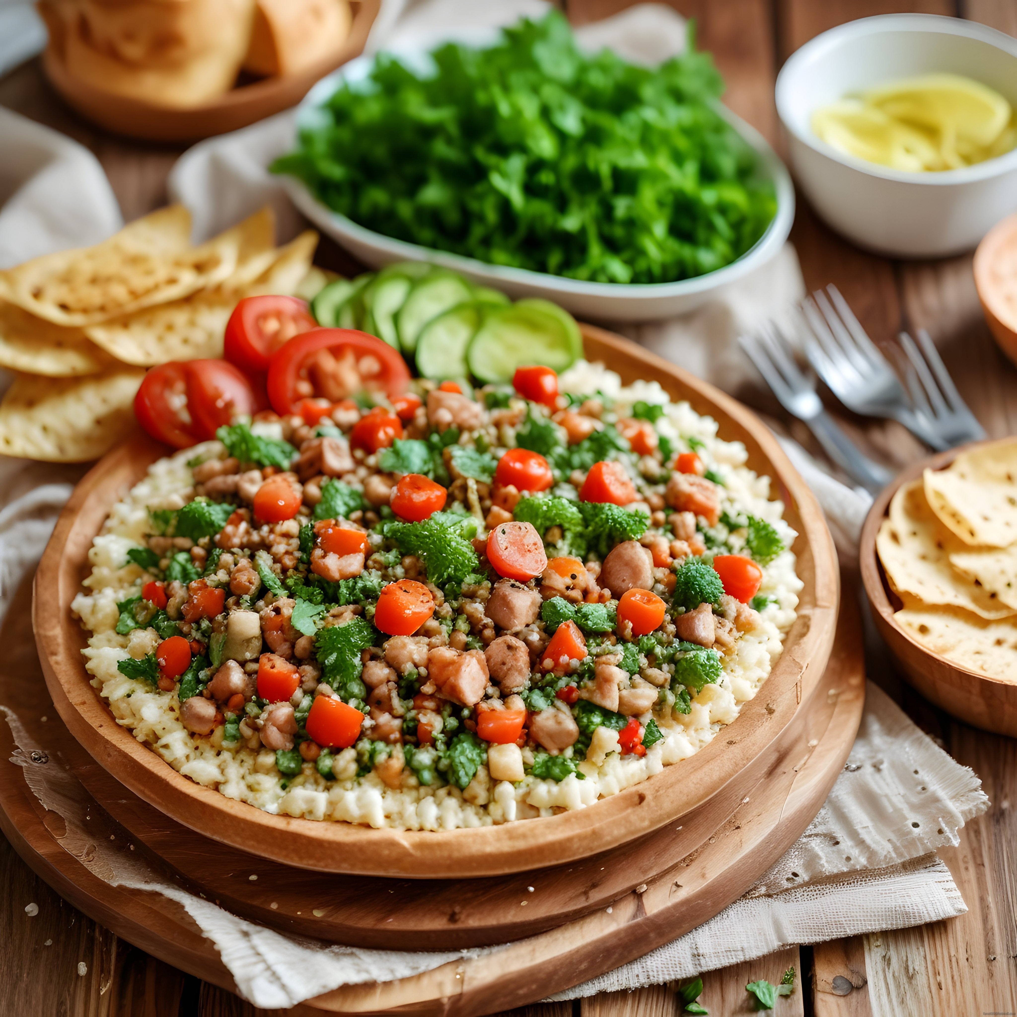 Ahşap Sunum Tahtasında Akdeniz Usulü Tavuklu Bulgur Salatası ve Mezeler