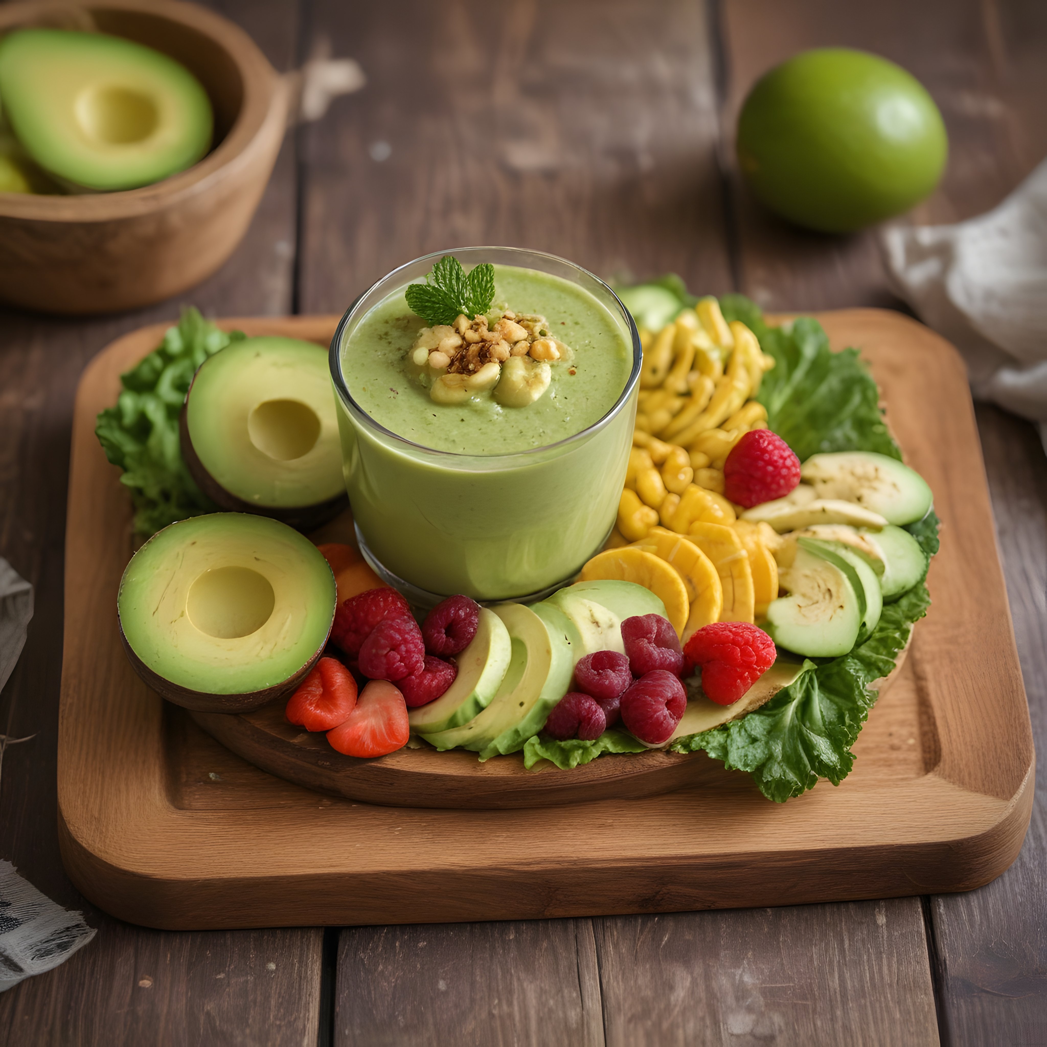 Ahşap Sunum Tahtasında Avokado Smoothie ve Taze Meyve Kesimli Sağlıklı Kahvaltı Düzenlemesi