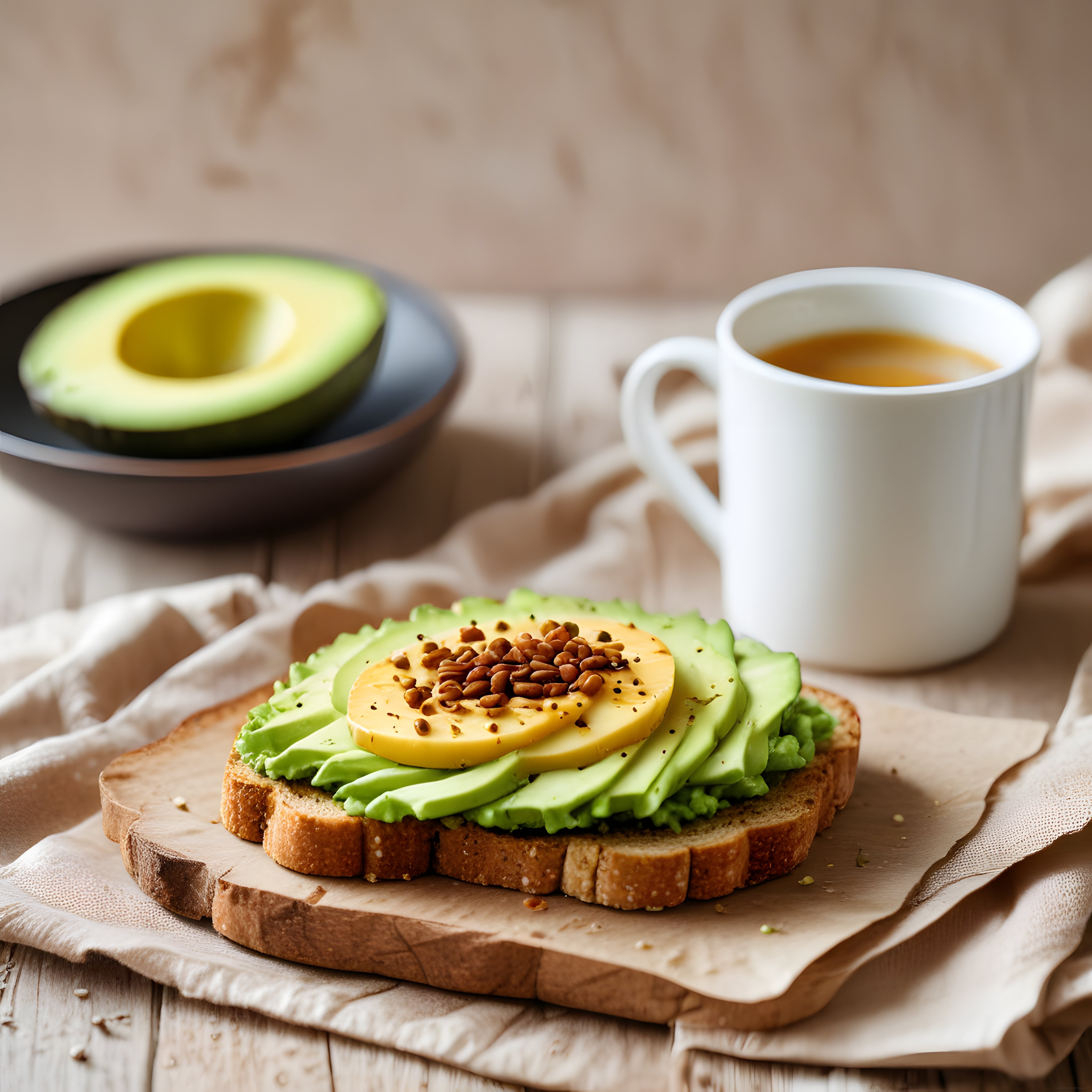 Ahşap Sunum Tahtasında Avokado Tost ve Sıcak İçecek ile Kahvaltı Keyfi