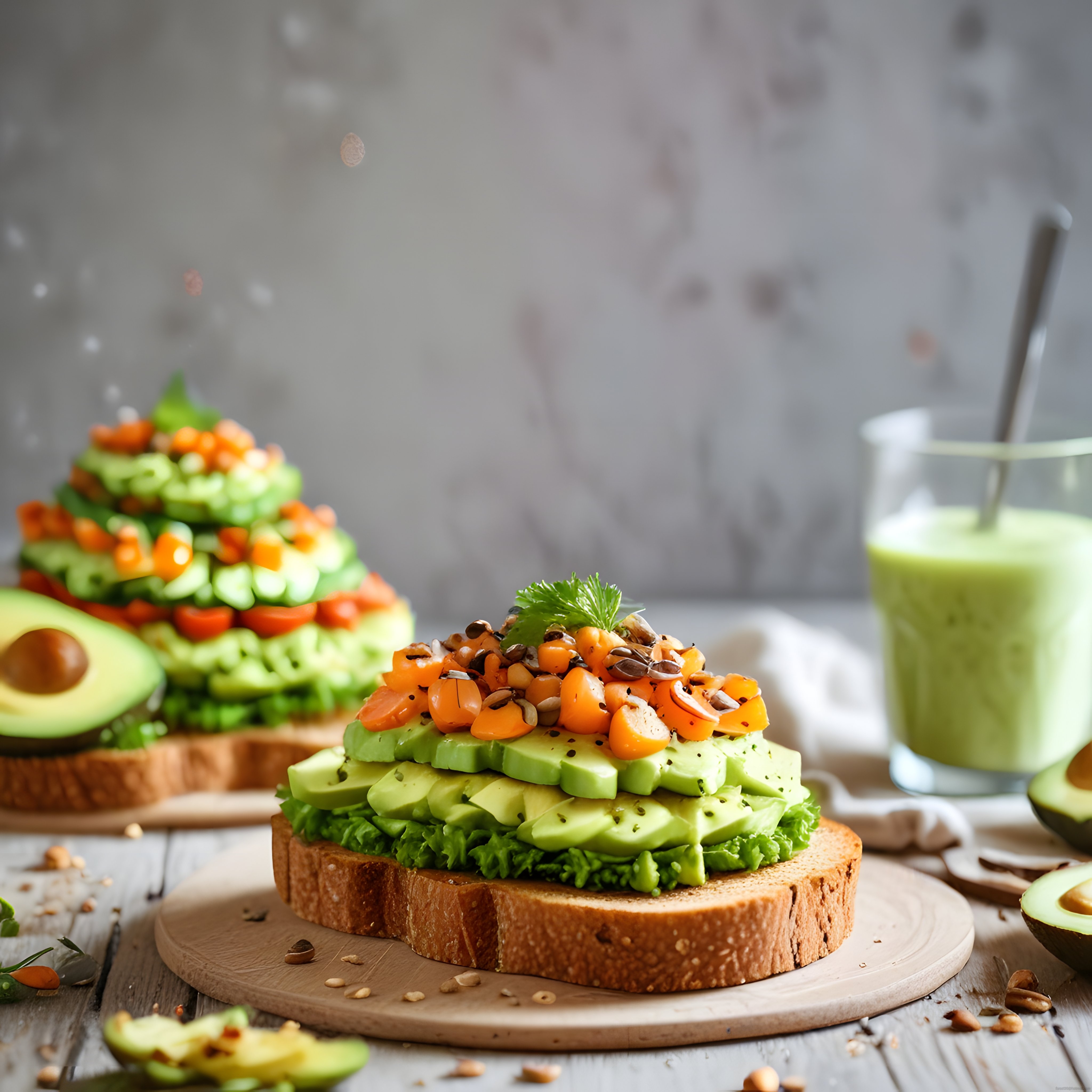 Ahşap Sunum Tahtasında Avokado Tost ve Yeşil Smoothie Kahvaltısı