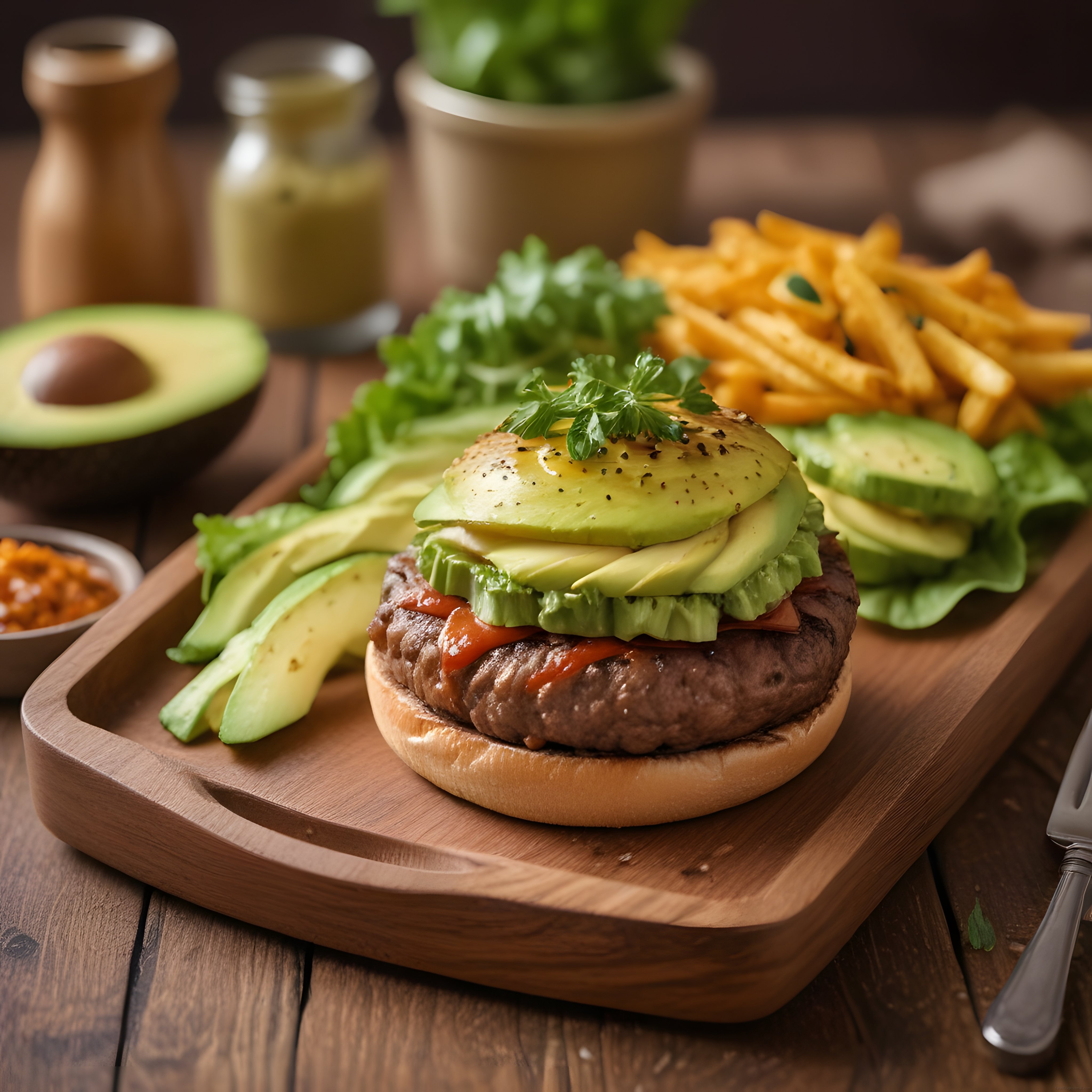 Ahşap Sunum Tahtasında Avokadolu Gurme Burger ve Kızarmış Patates