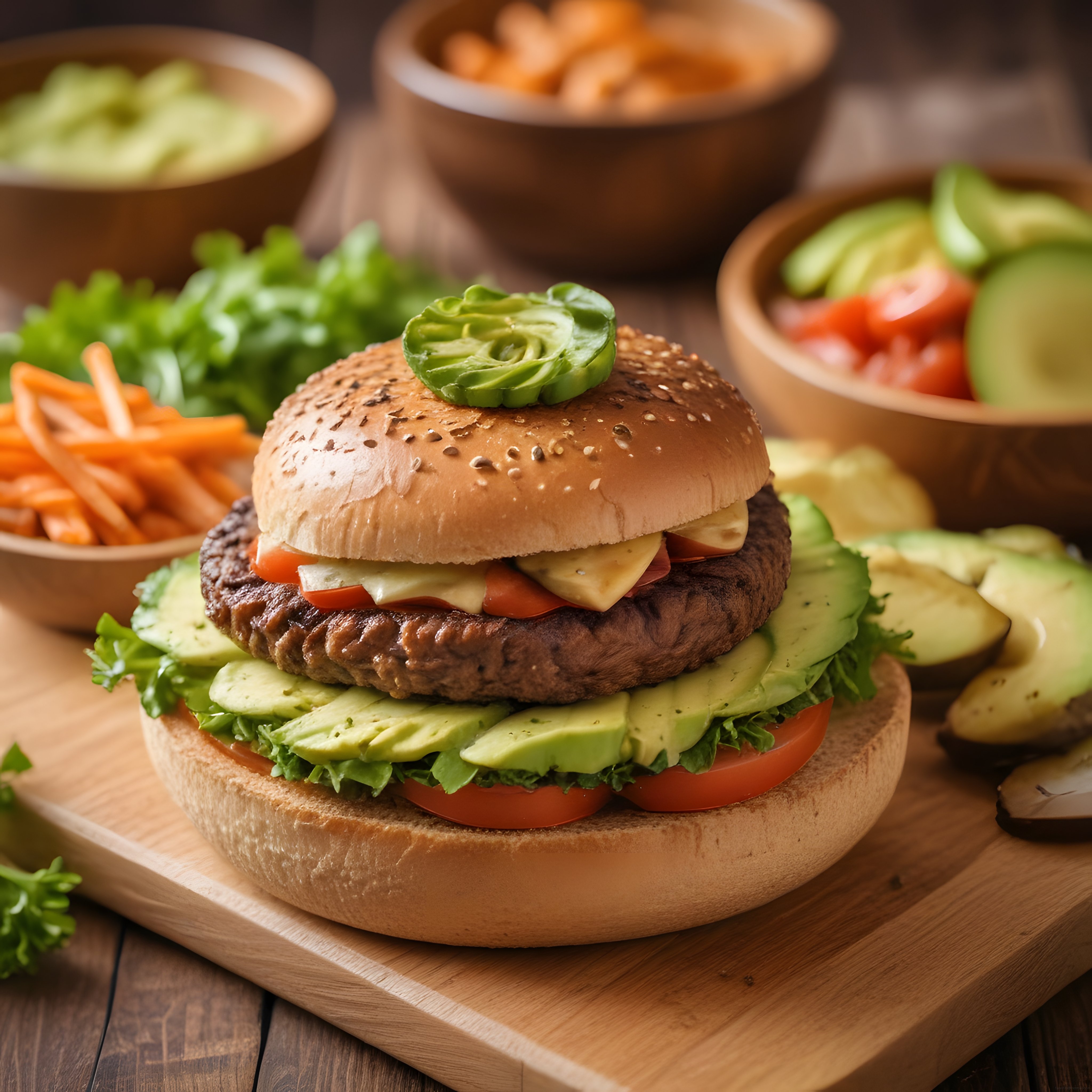 Ahşap Sunum Tahtasında Avokadolu Nefis Ev Yapımı Hamburger Lezzeti