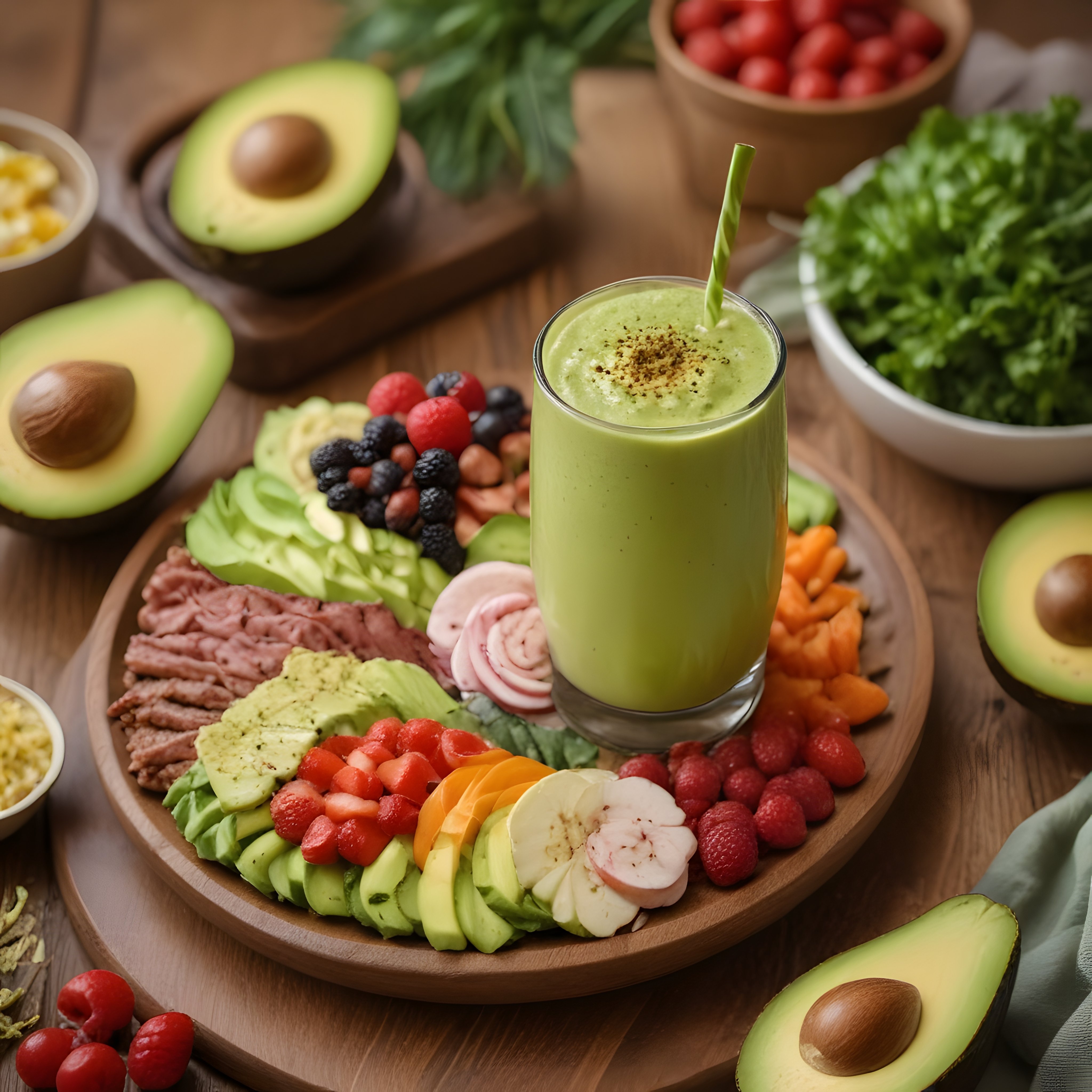 Ahşap Sunum Tahtasında Avokadolu Yeşil Smoothie ve Taze Meyve Tabağı