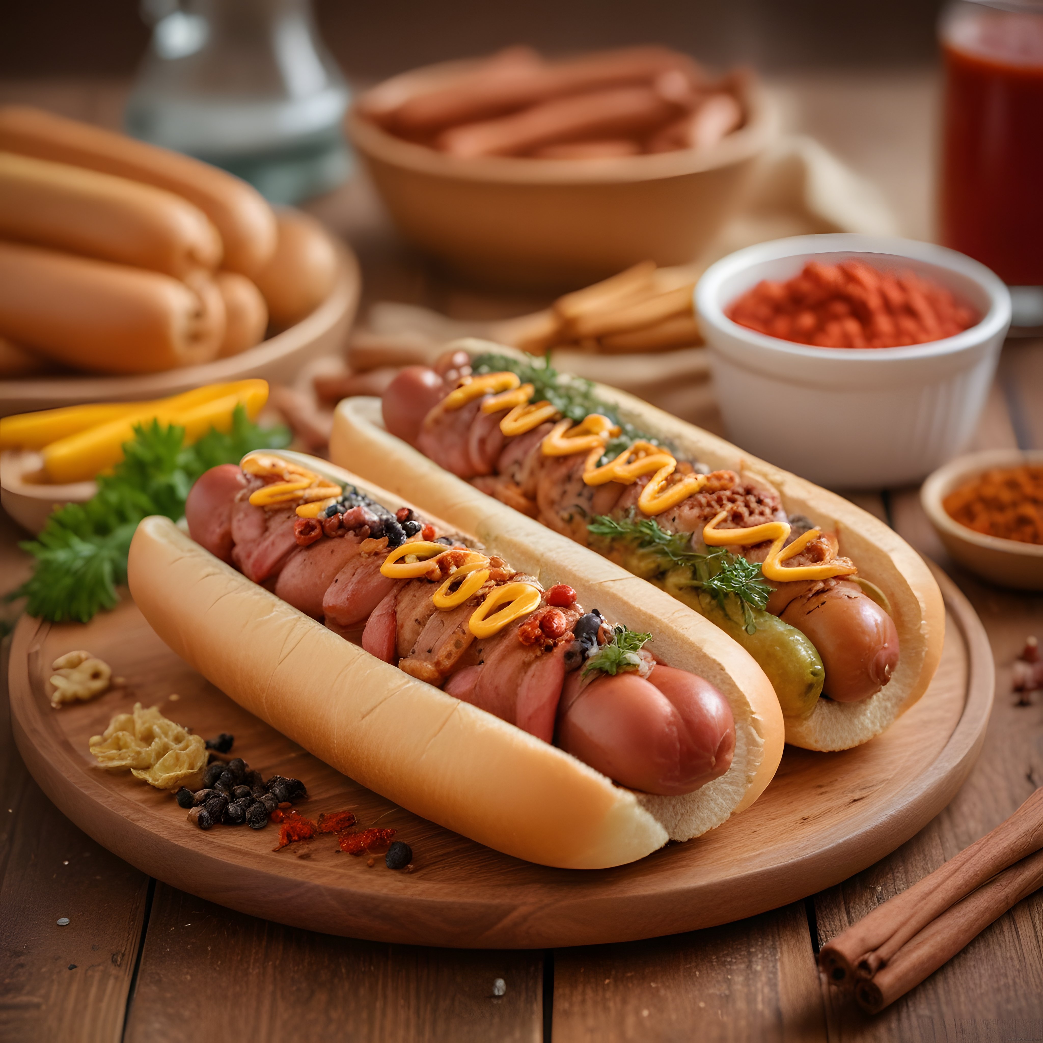 ahşap sunum tahtasında baharatlarla süslenmiş gourmet hot dog ikilisi