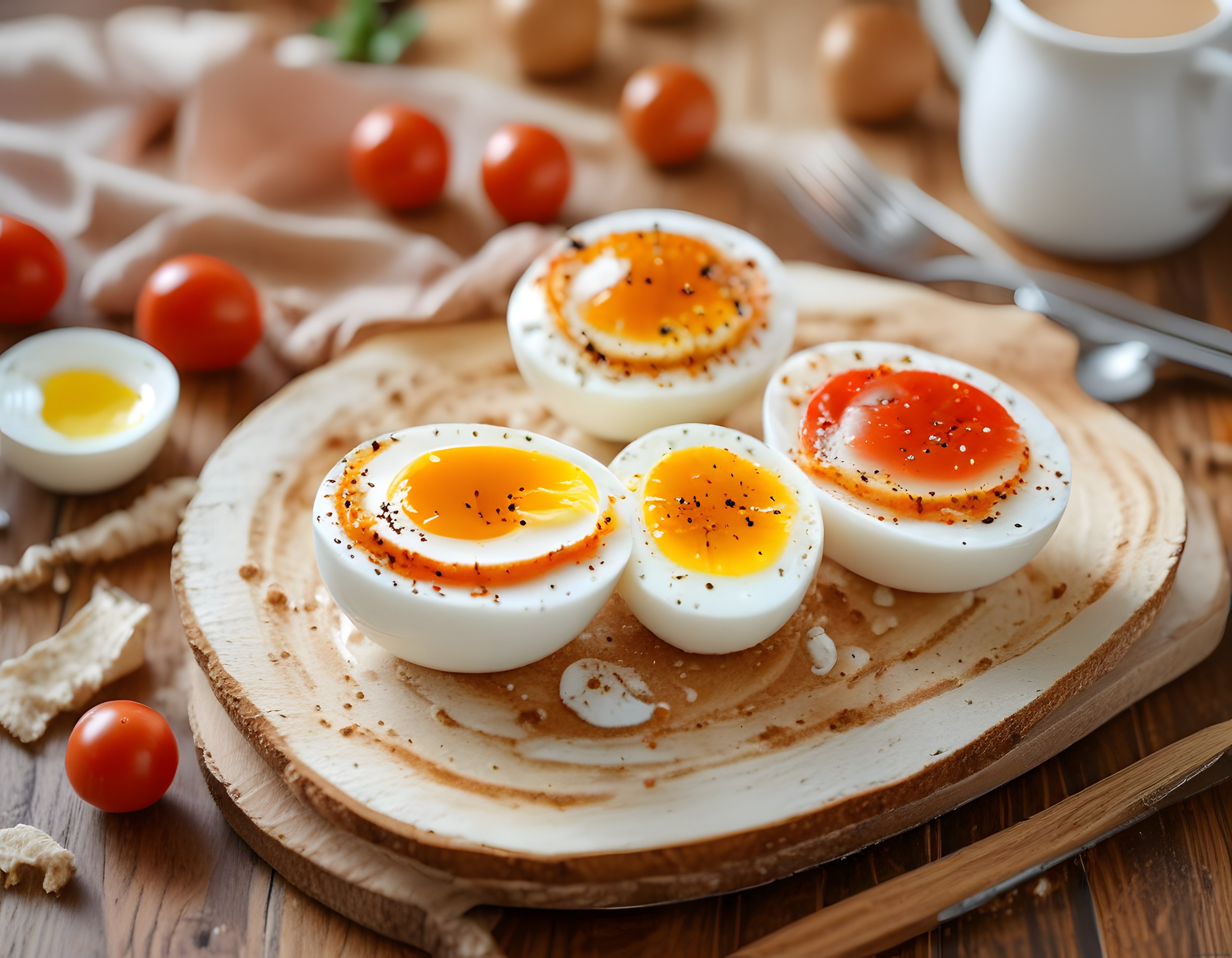 Ahşap Sunum Tahtasında Baharatlı Haşlanmış Yumurta ile Sıcak Kahvaltı Keyfi