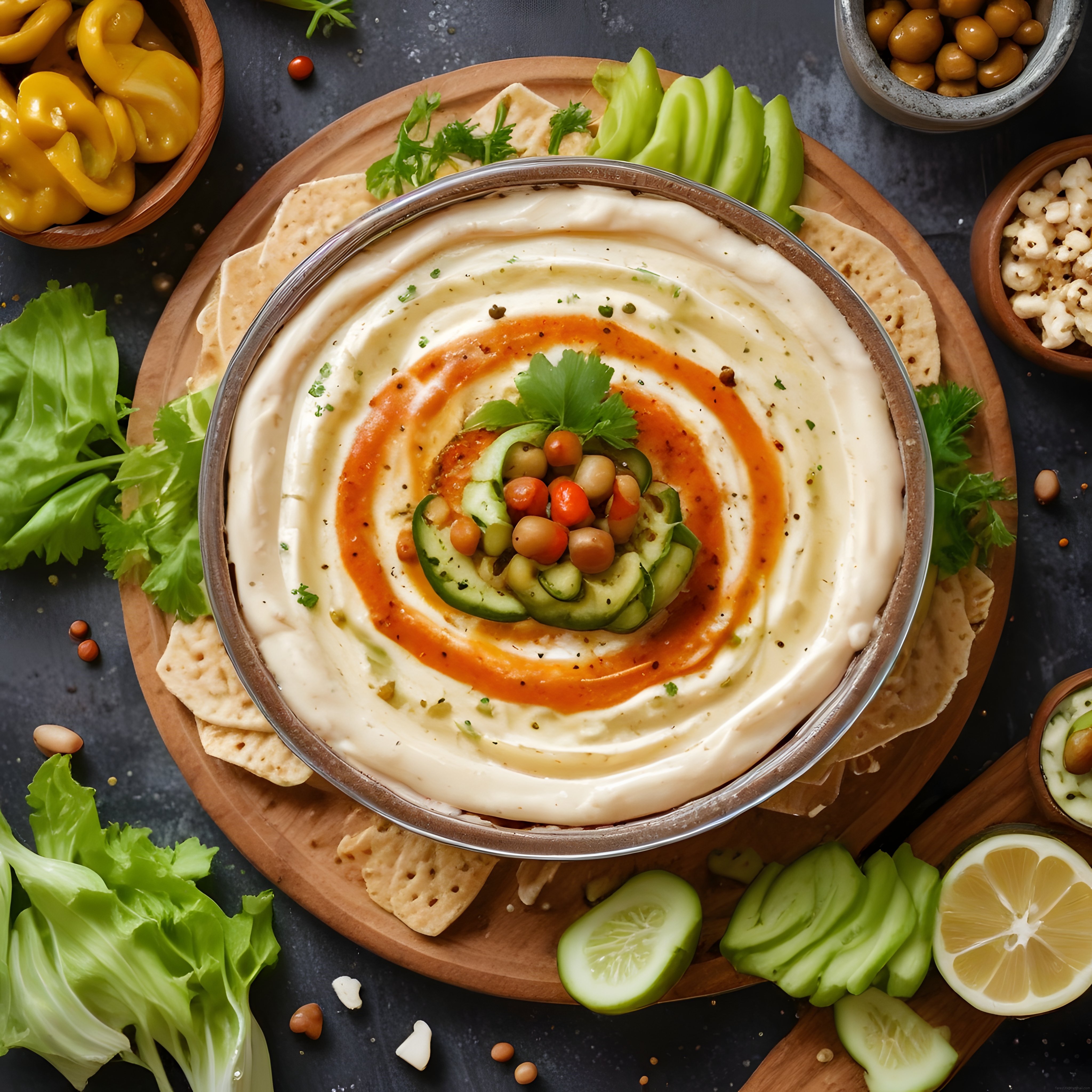 Ahşap Sunum Tahtasında Baharatlı Humus ve Taze Sebzelerle Şık Meze Tabağı