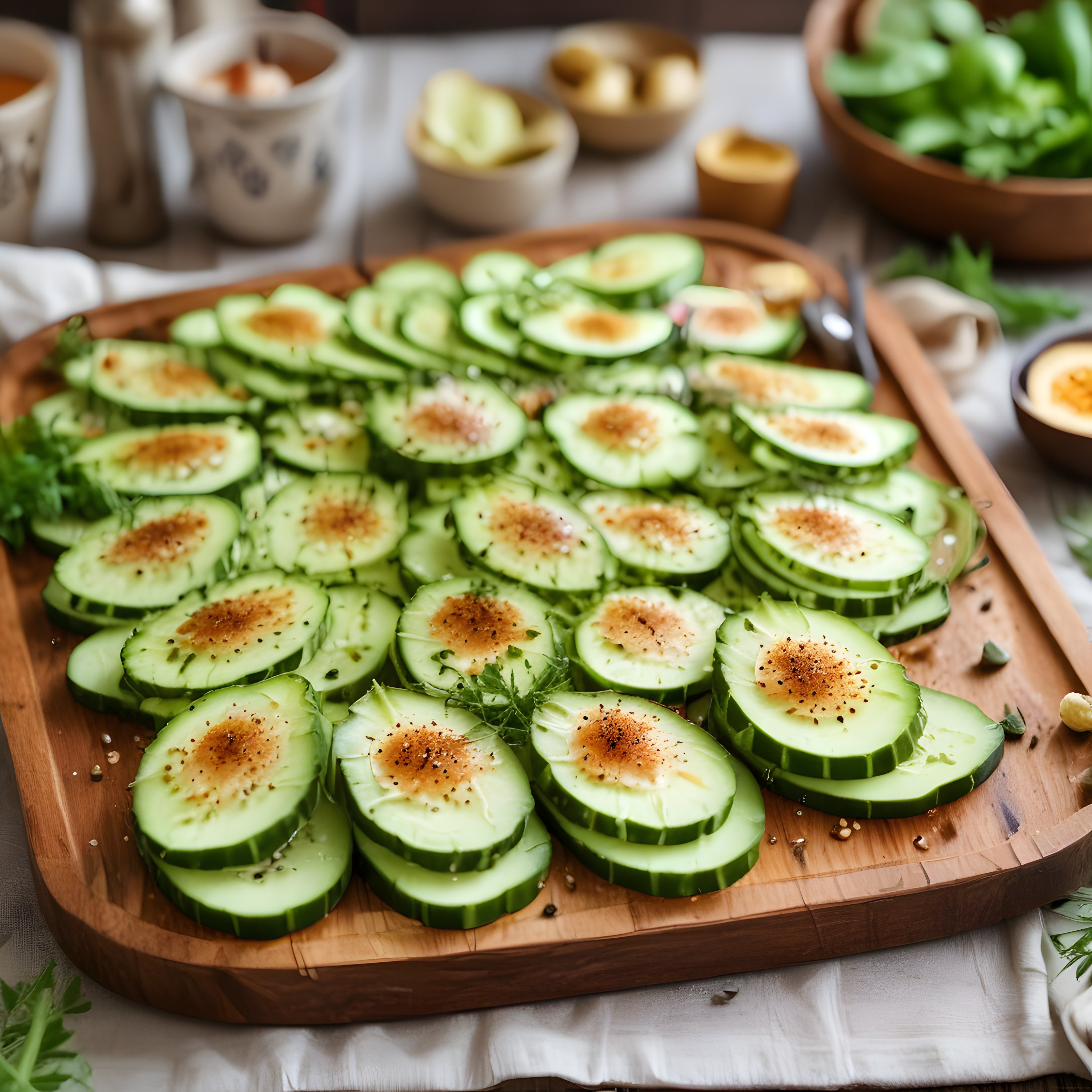 Ahşap Sunum Tahtasında Baharatlı ve Zeytinyağlı Taze Salatalık Dilimleri