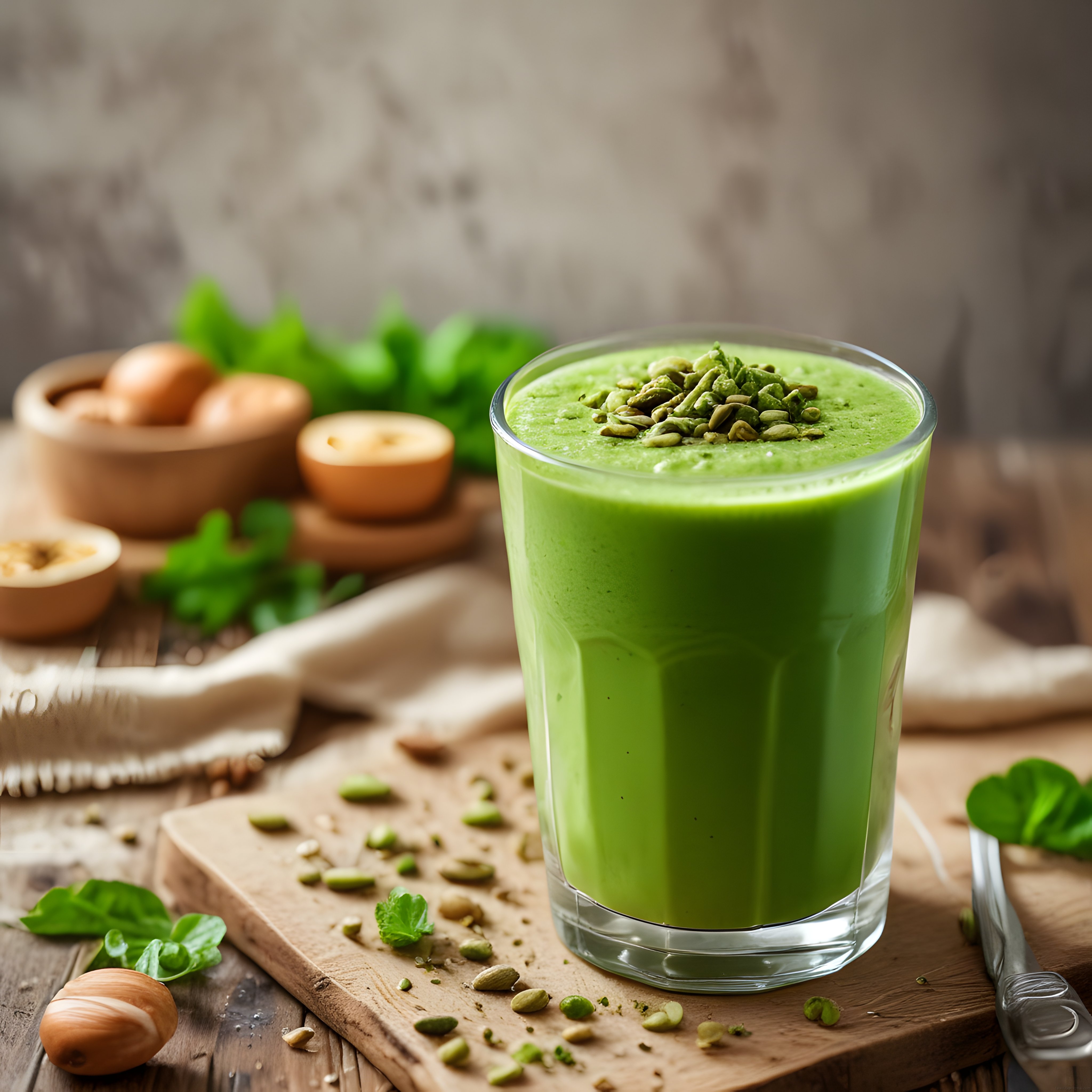 Ahşap Sunum Tahtasında Bardakta Taze Yeşil Smoothie ve Muz Dilimleri