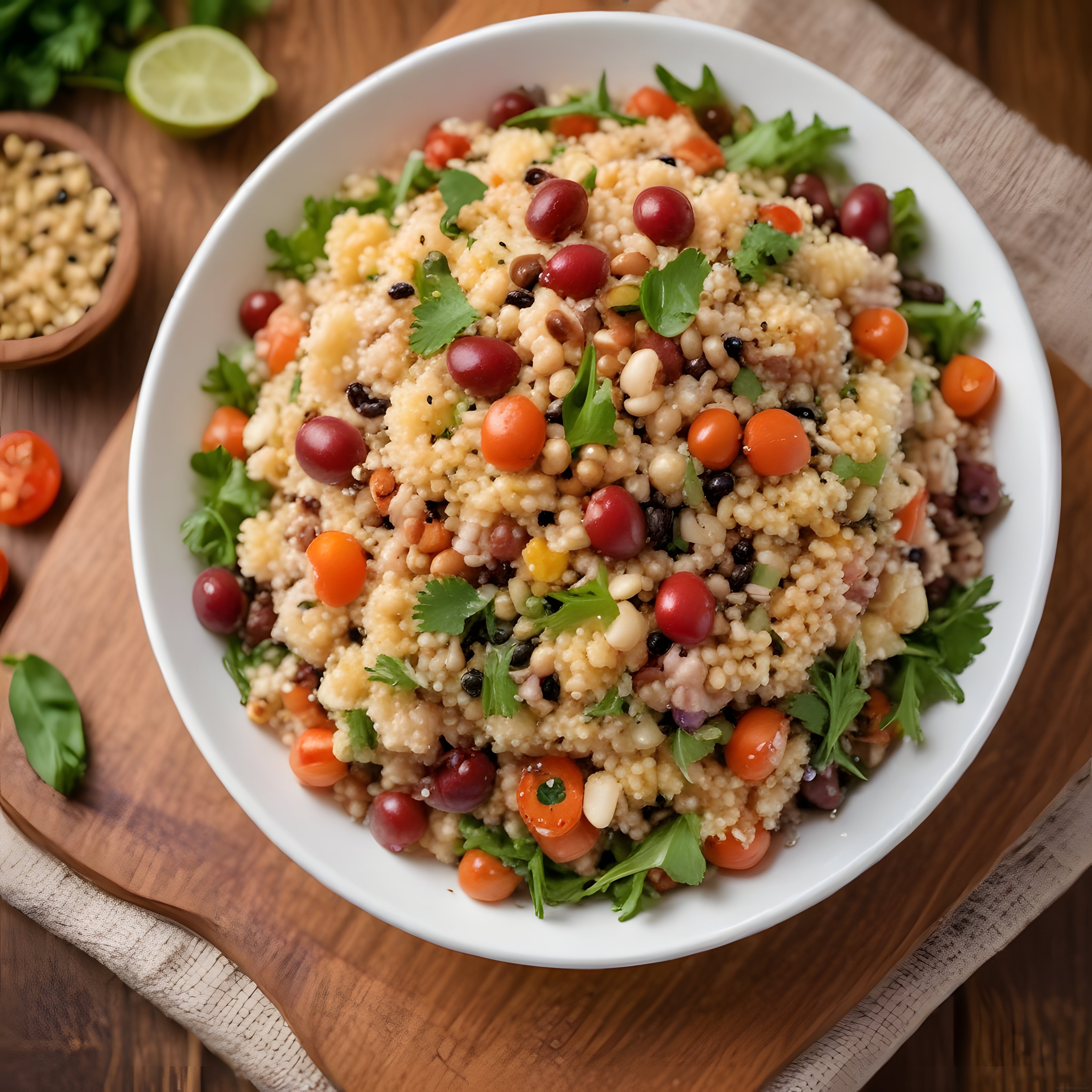 Ahşap Sunum Tahtasında Beyaz Kasede Sebzeli ve Üzümlü Kuskus Salatası