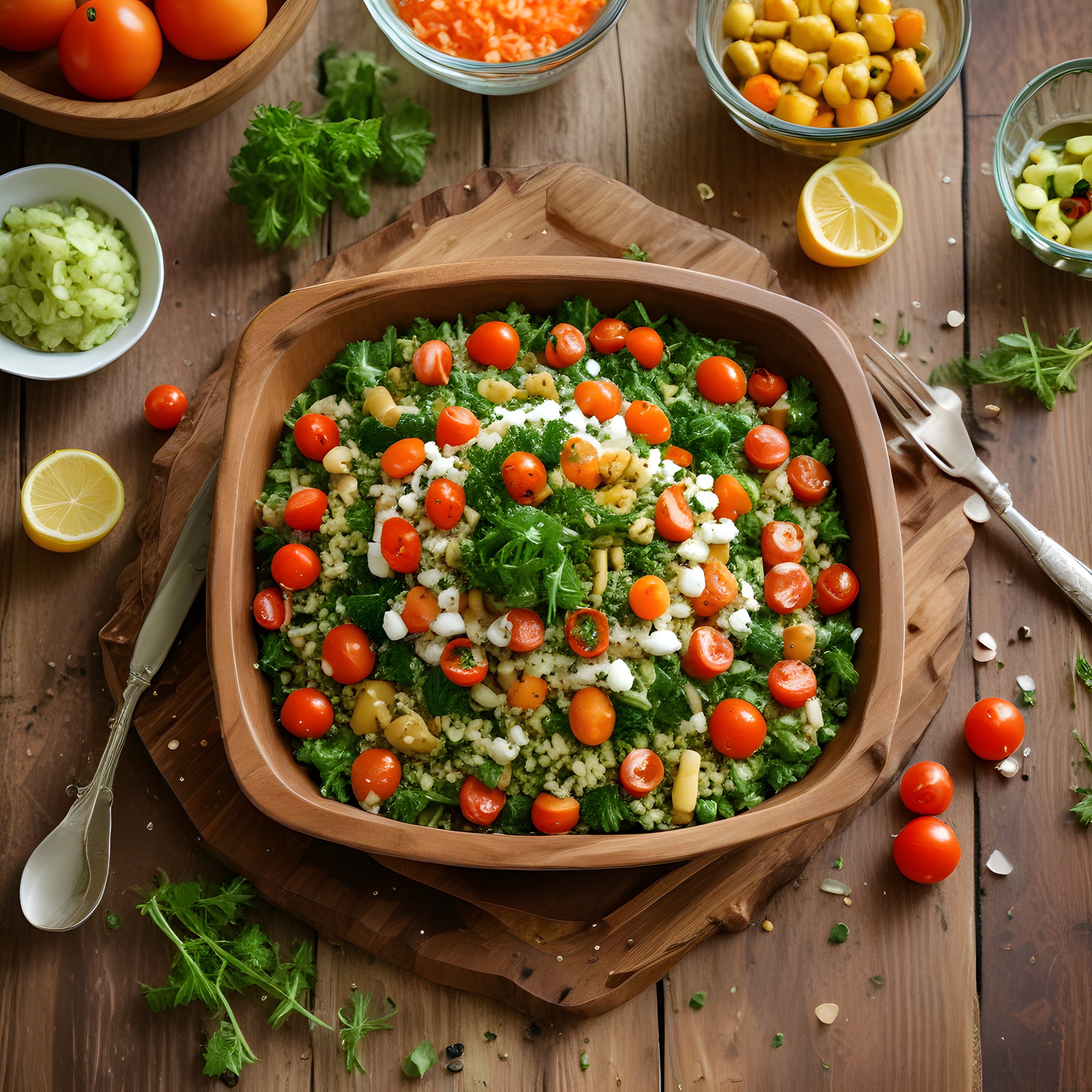 Ahşap Sunum Tahtasında Beyaz Peynirli Bulgur Salatası ve Taze Yeşillikler