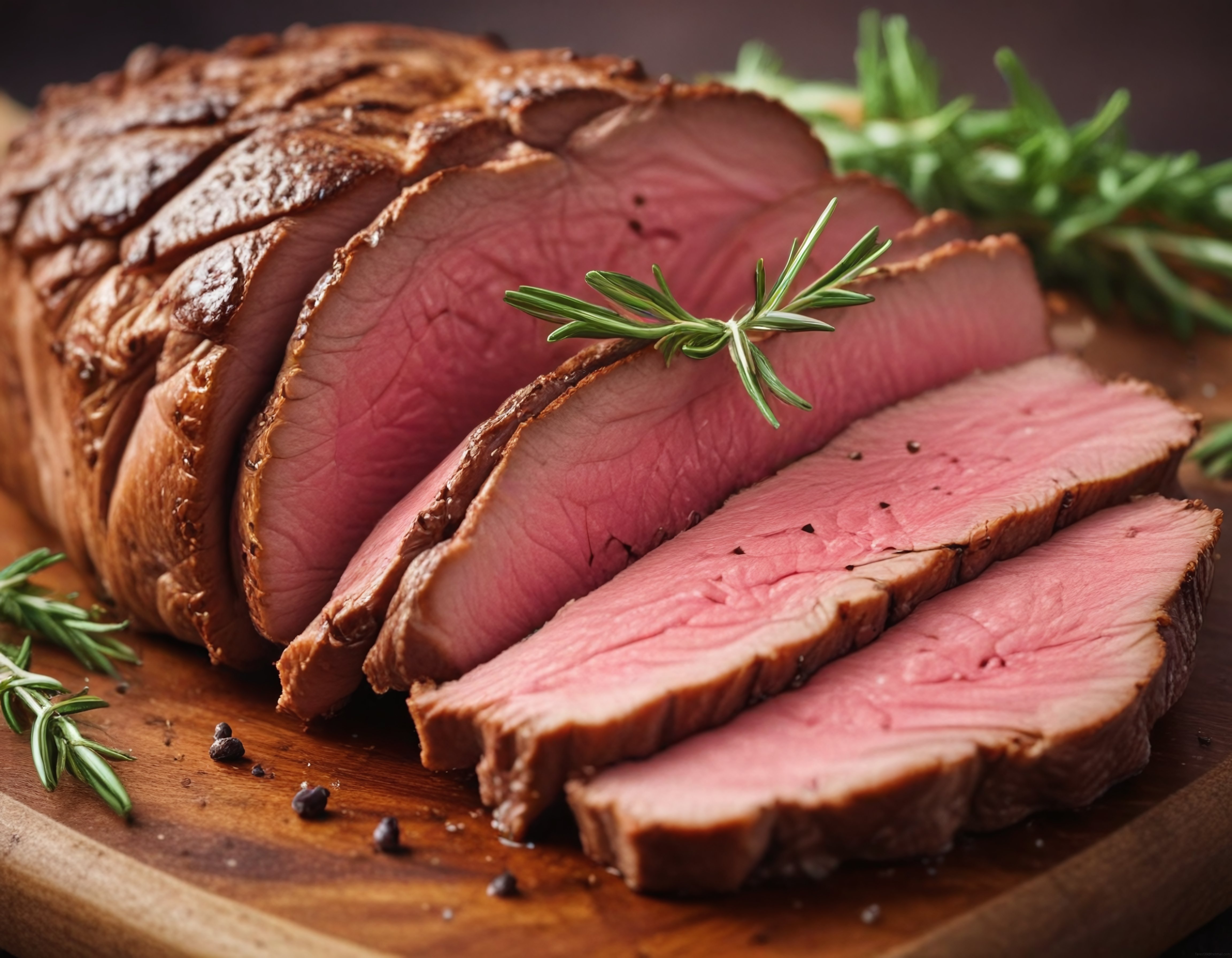 Ahşap Sunum Tahtasında Biberiye ve Karabiberli Orta Pişmiş Rosto Dilimleri